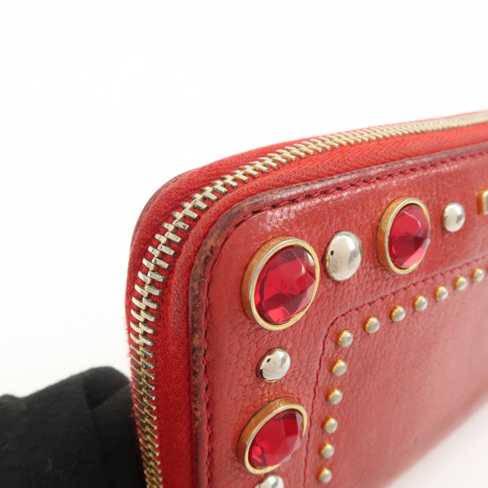 MIU MIU Leather Round Zipper Long Wallet Bijou Studs Red