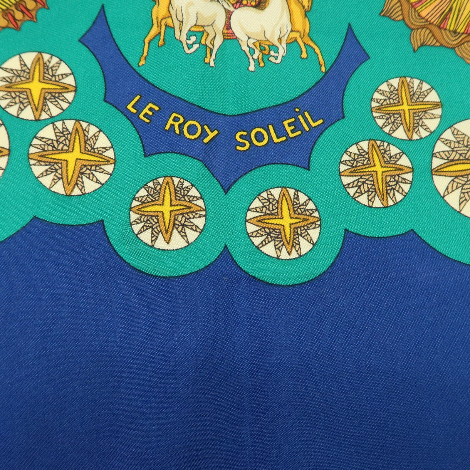 HERMES Carre 90 Silk 100% Scarf LE ROY SOLEIL Blue Green Gold Used