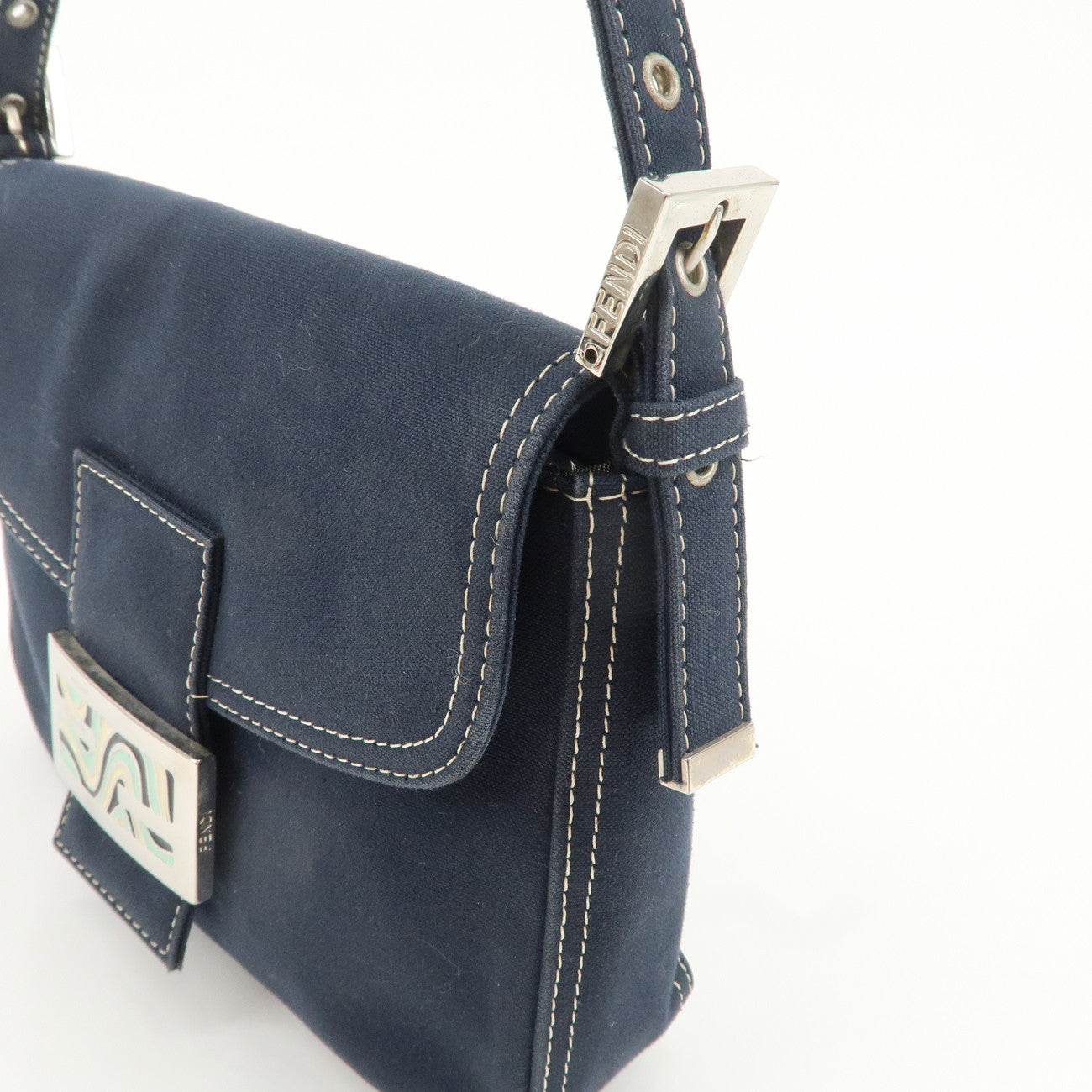 FENDI Logo Canvas Shoulder Bag Hand Bag Navy