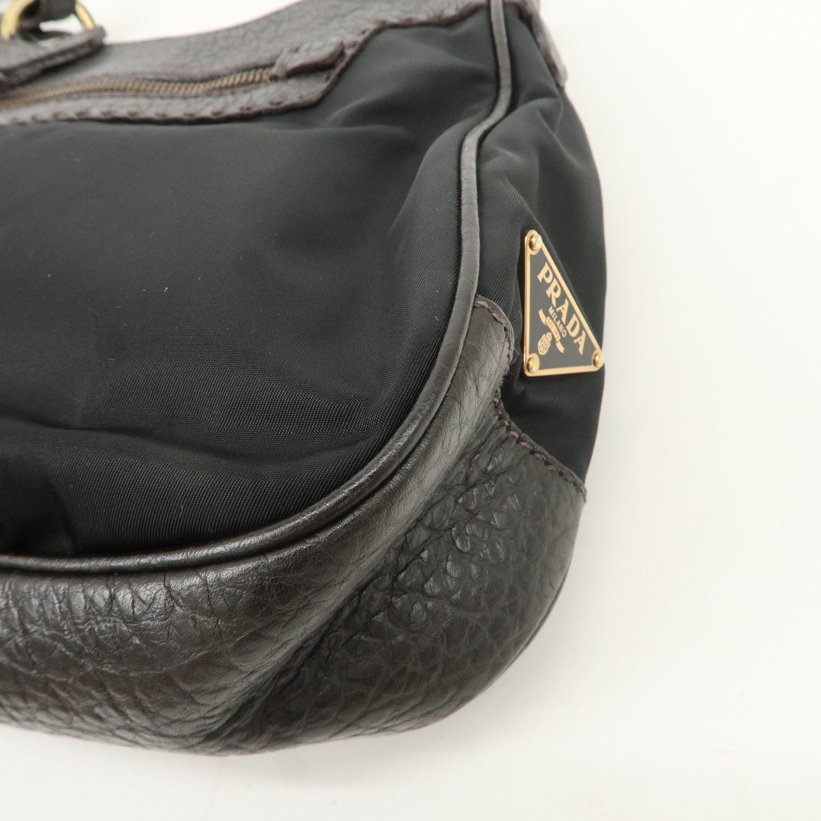 PRADA Nylon Leather Shoulder Bag Black Dark Brown BR1973