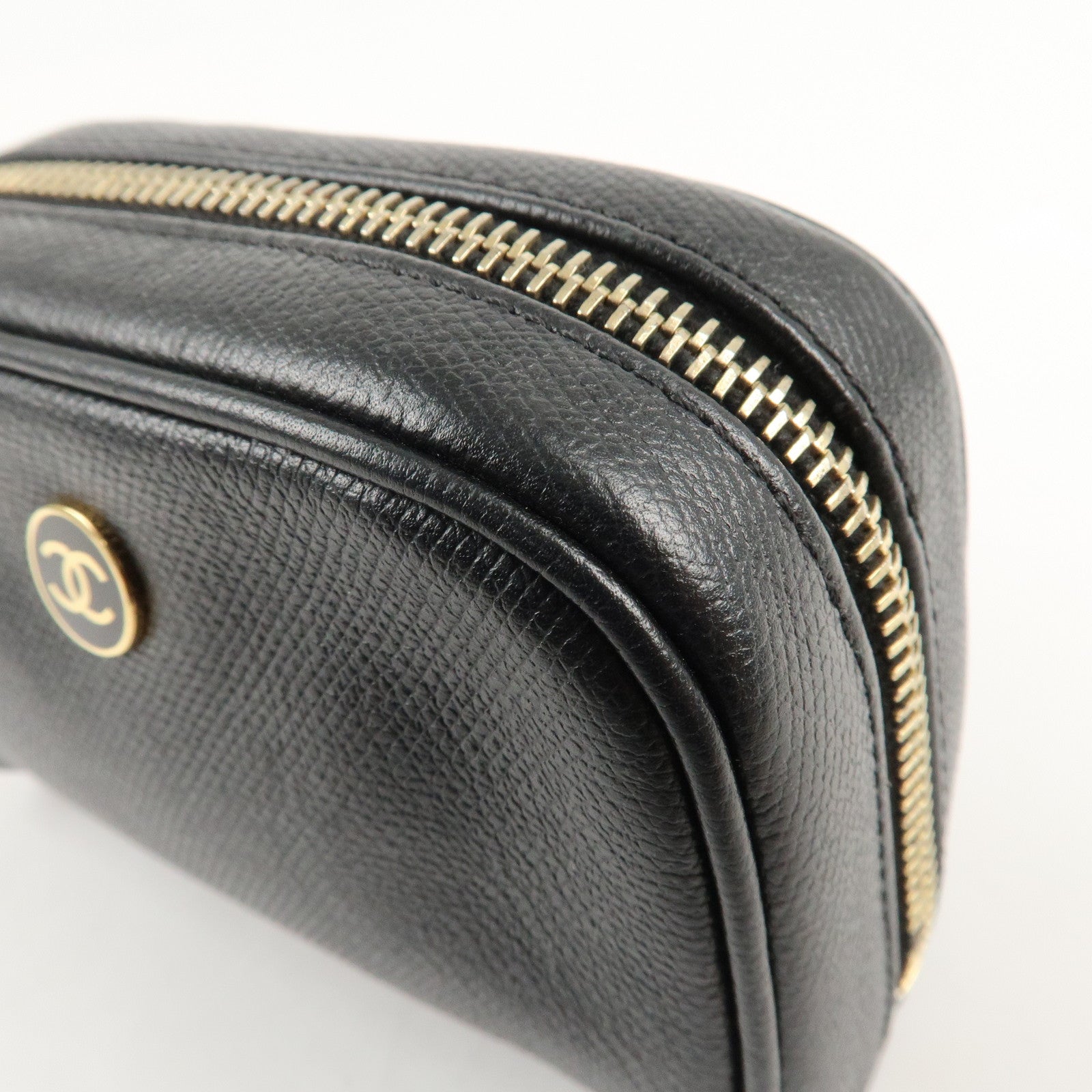 CHANEL COCO Button Leather Cosmetic Pouch Black Gold HDW Used