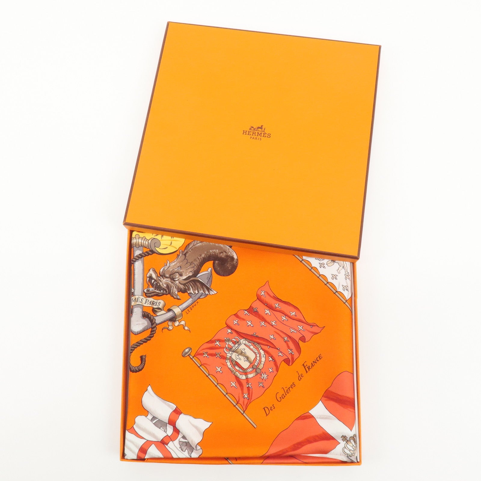 HERMES Carre 90 100% Silk PAVOIS Orange Red White Used