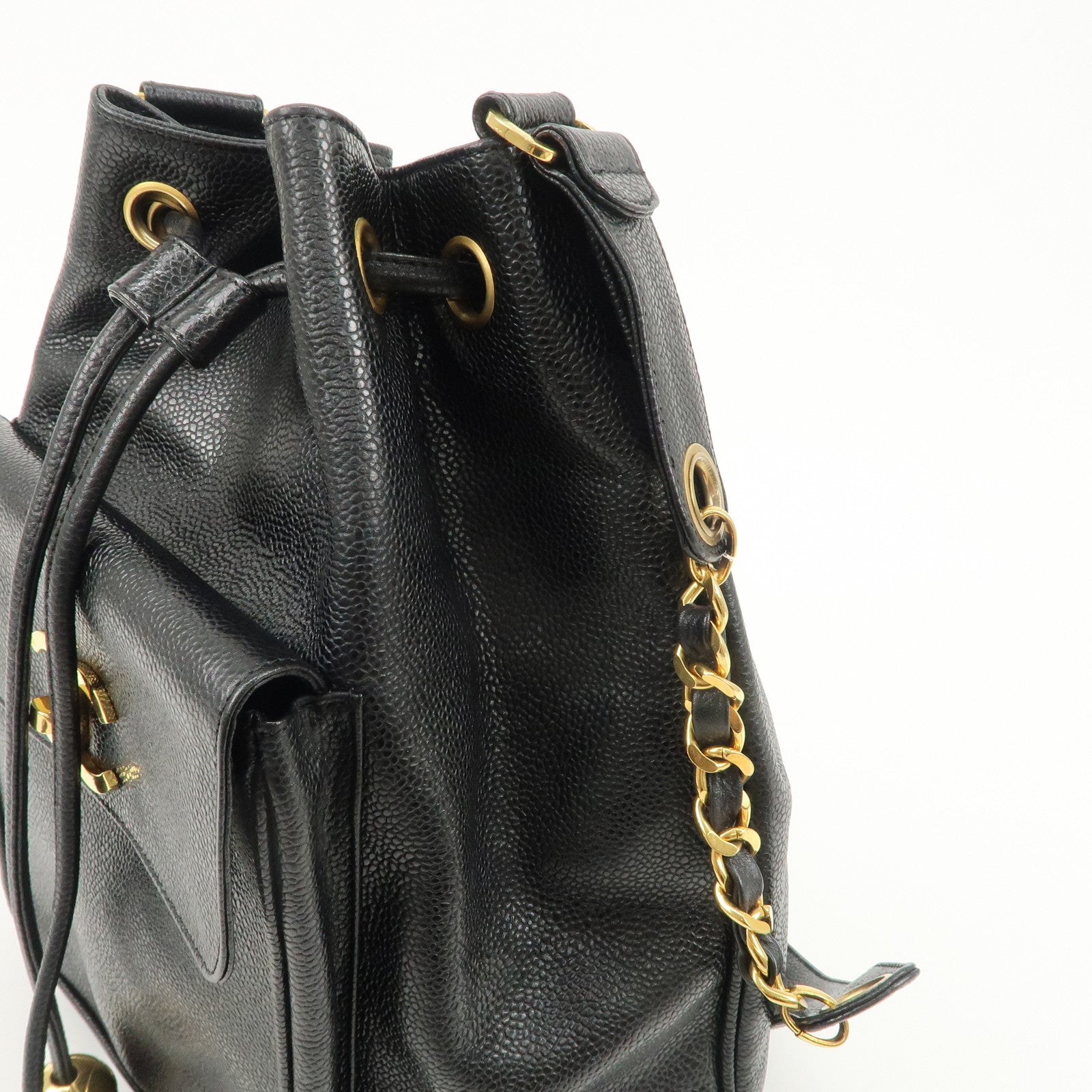 CHANEL Caviar SKin Drawstring Chain Shoulder Bag Black