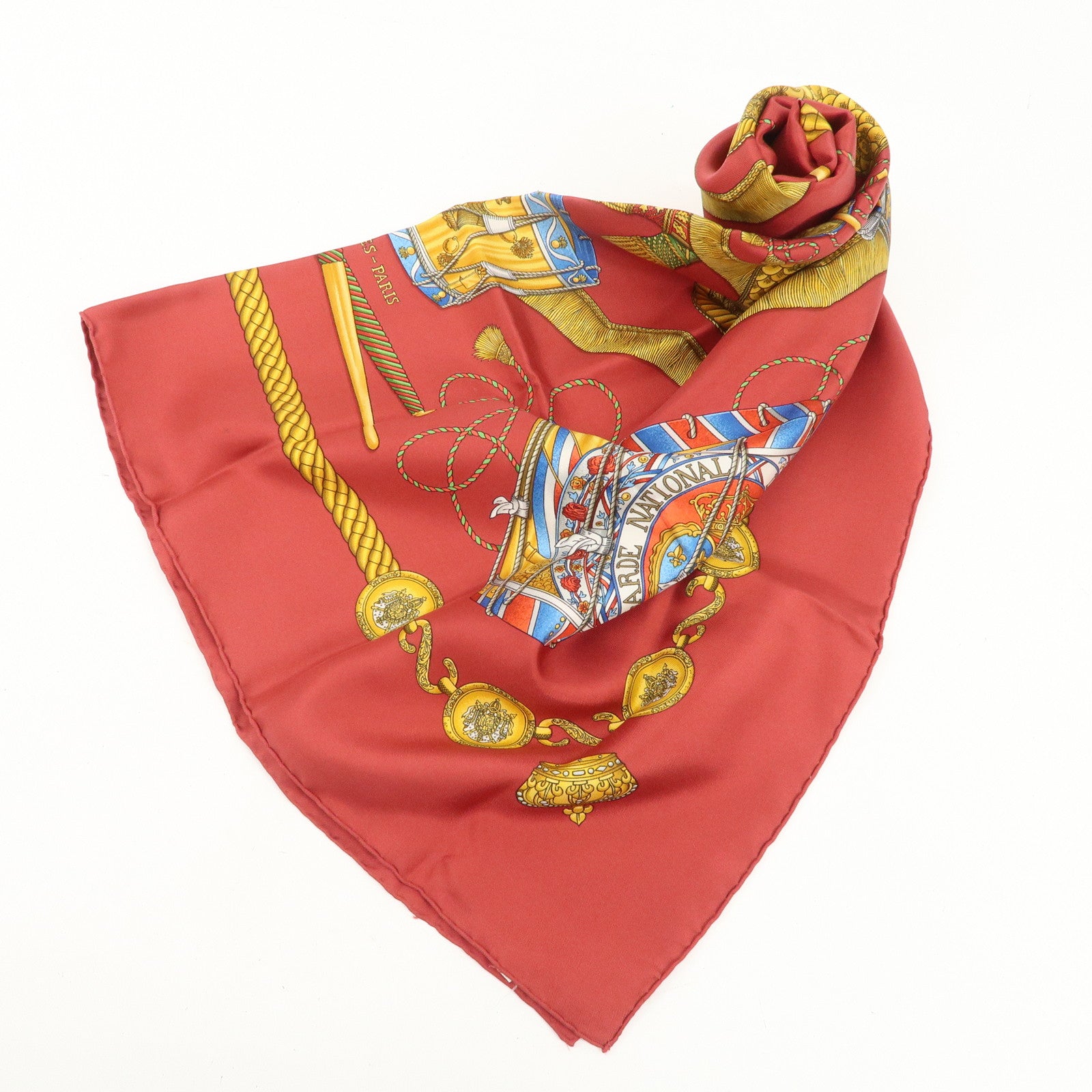 HERMES Carre 90 100% Silk Scarf LES TAMBOURS Drum Print Wine Red