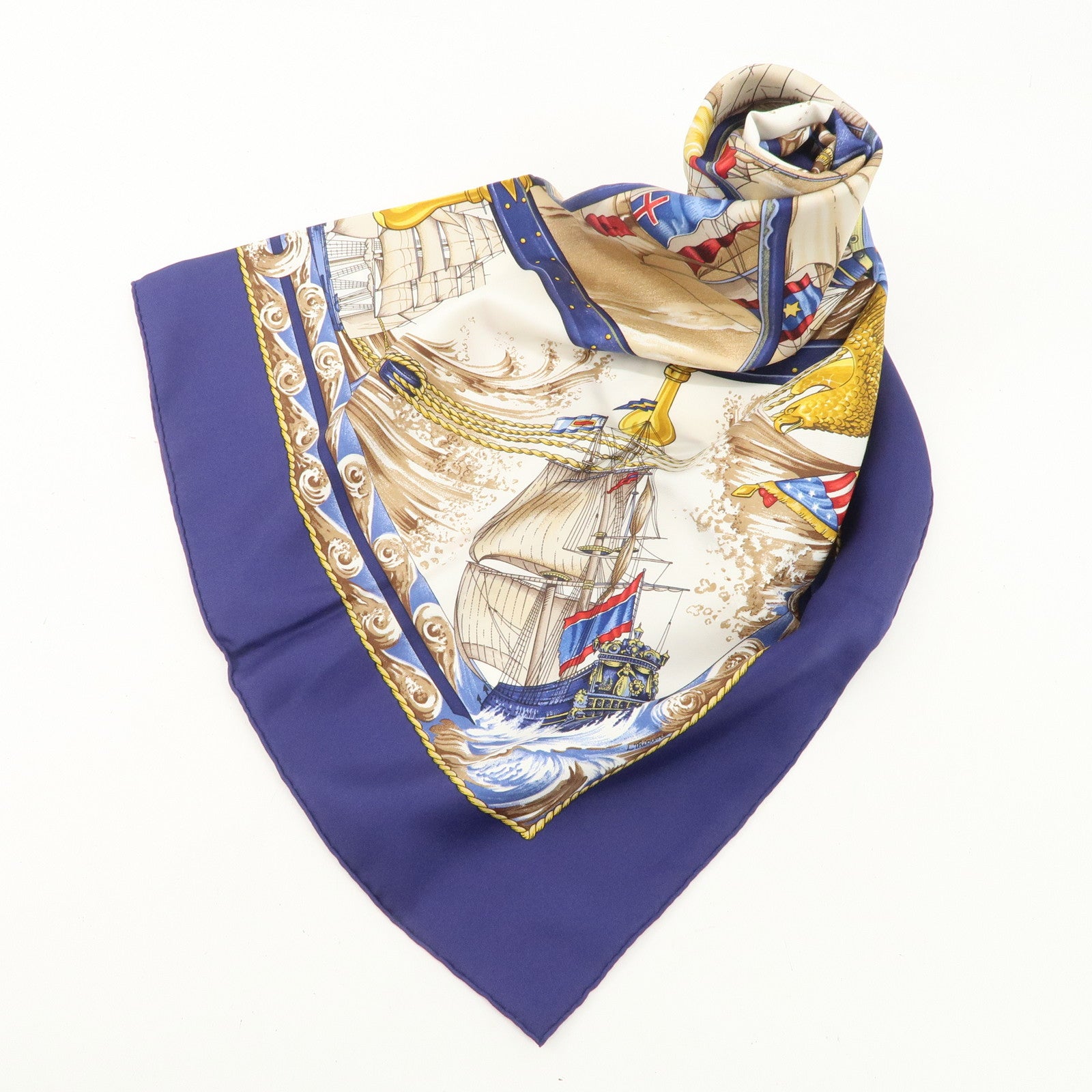 HERMES Carre 90 Silk 100% Scarf Vive levent Navy White Gold