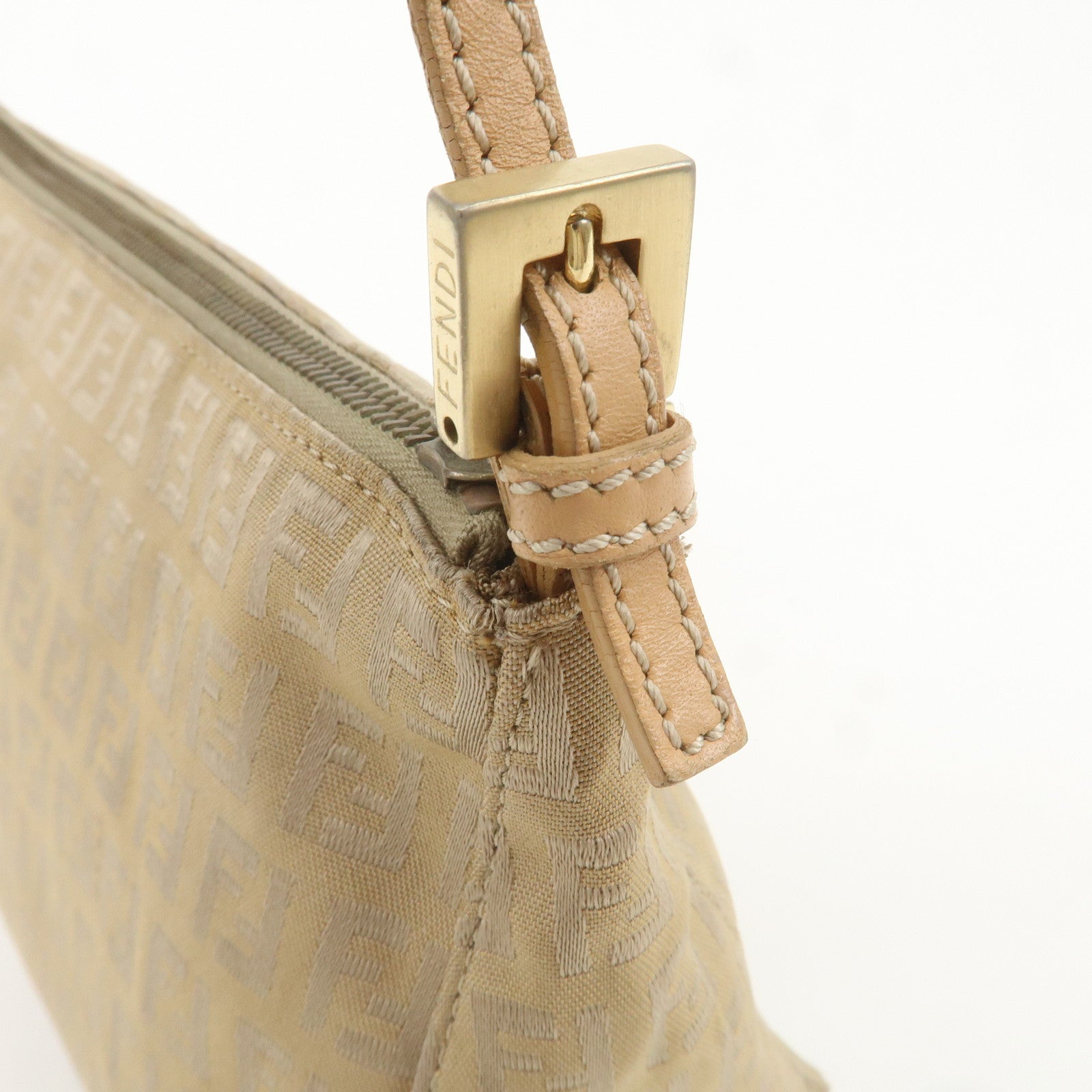 FENDI Zucchino Canvas Leather Shoulder Bag Beige