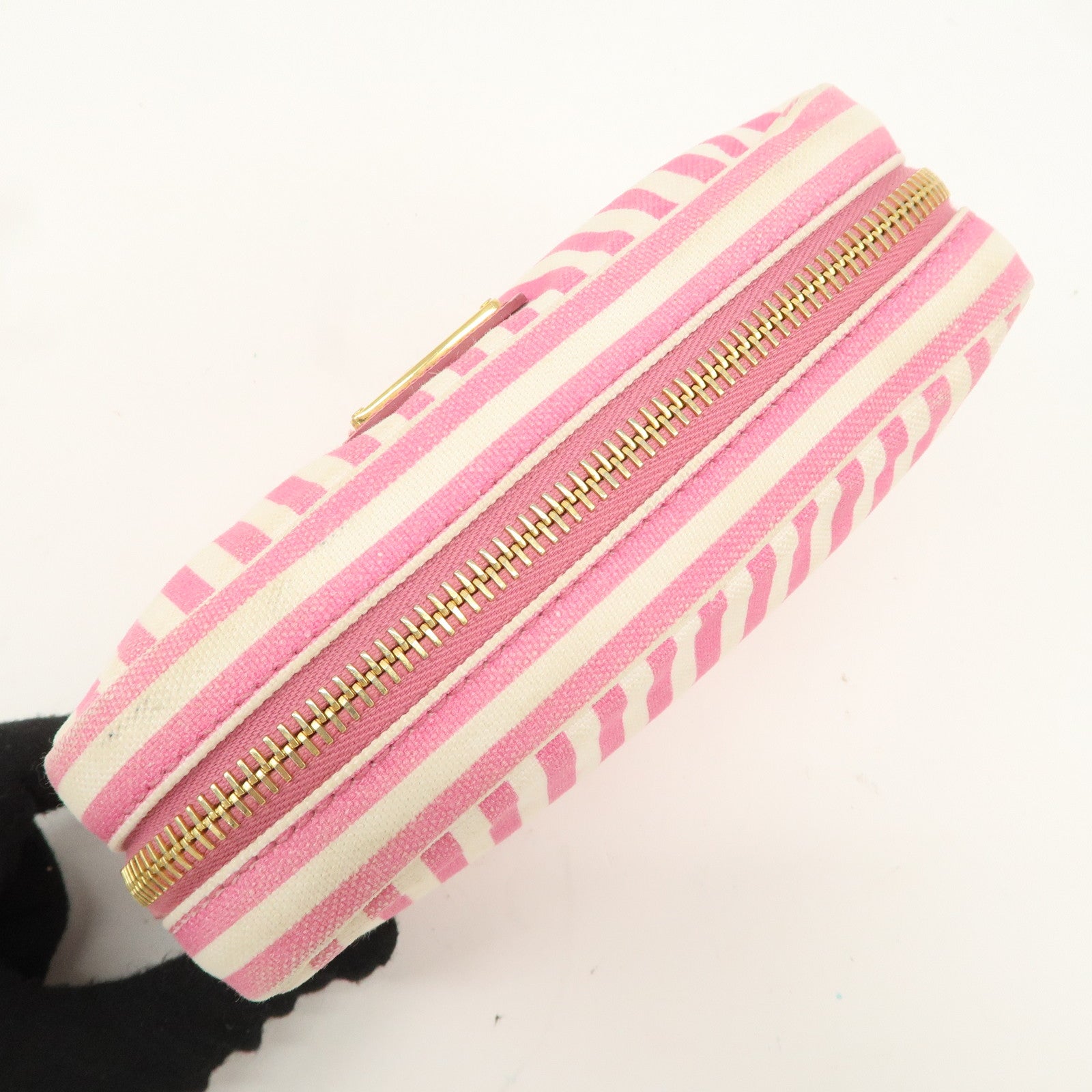 PRADA Capana Canvas Pouch Pink White Stripe 1NA021