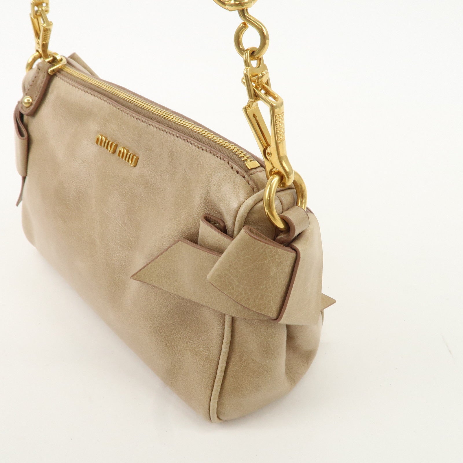 MIU MIU Leather Shoulder Bag Beige Gold Hardware Used