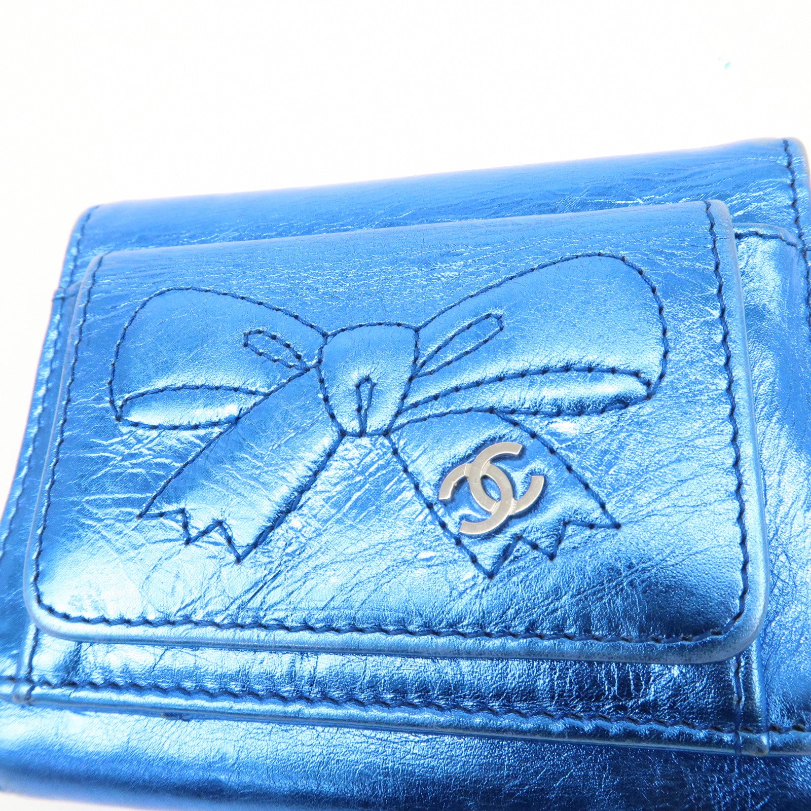 CHANEL Ribbon COCO Mark W Hook Tri-Fold Compact Wallet Blue Used