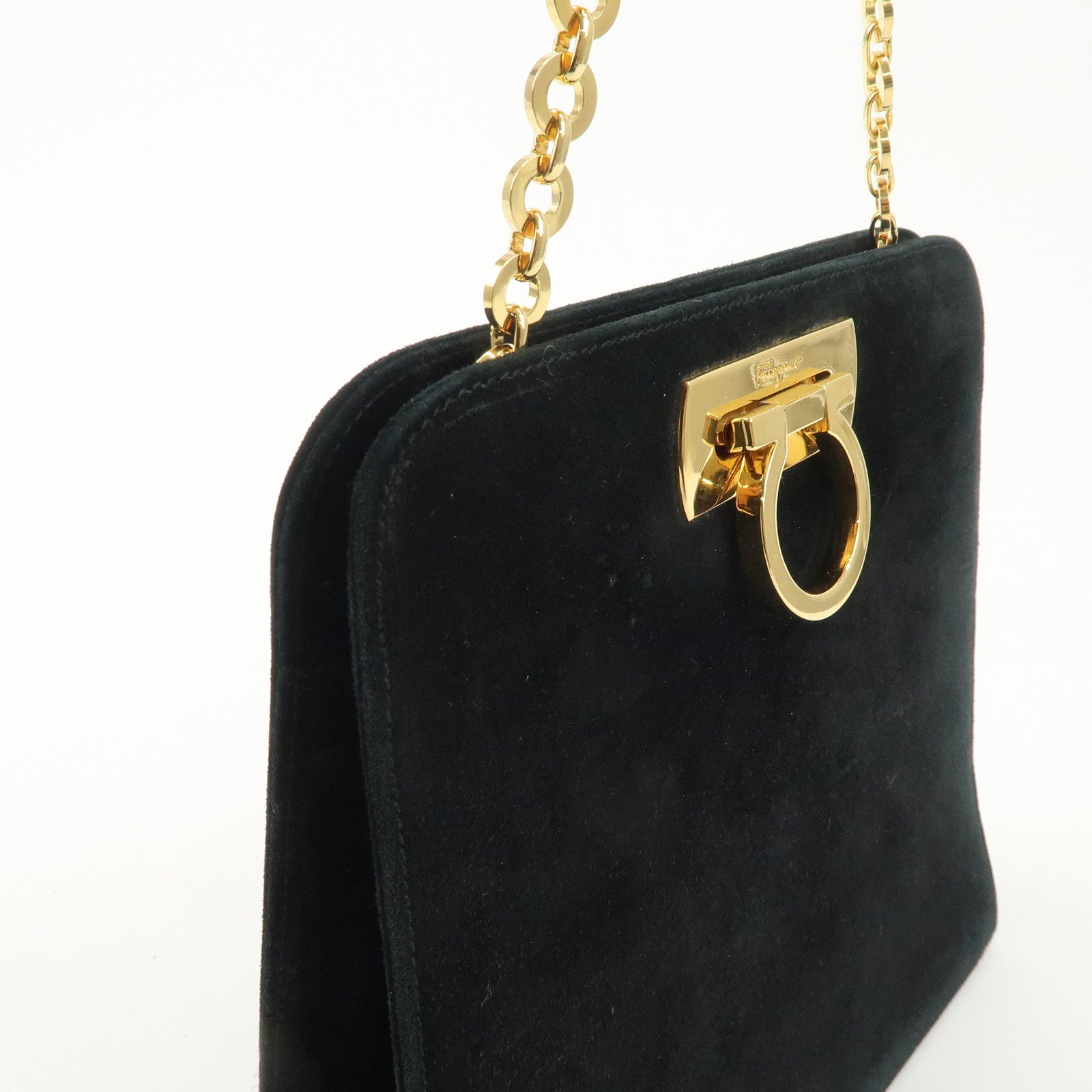 Salvatore Ferragamo Gancini Suede Chain Shoulder Black Bag