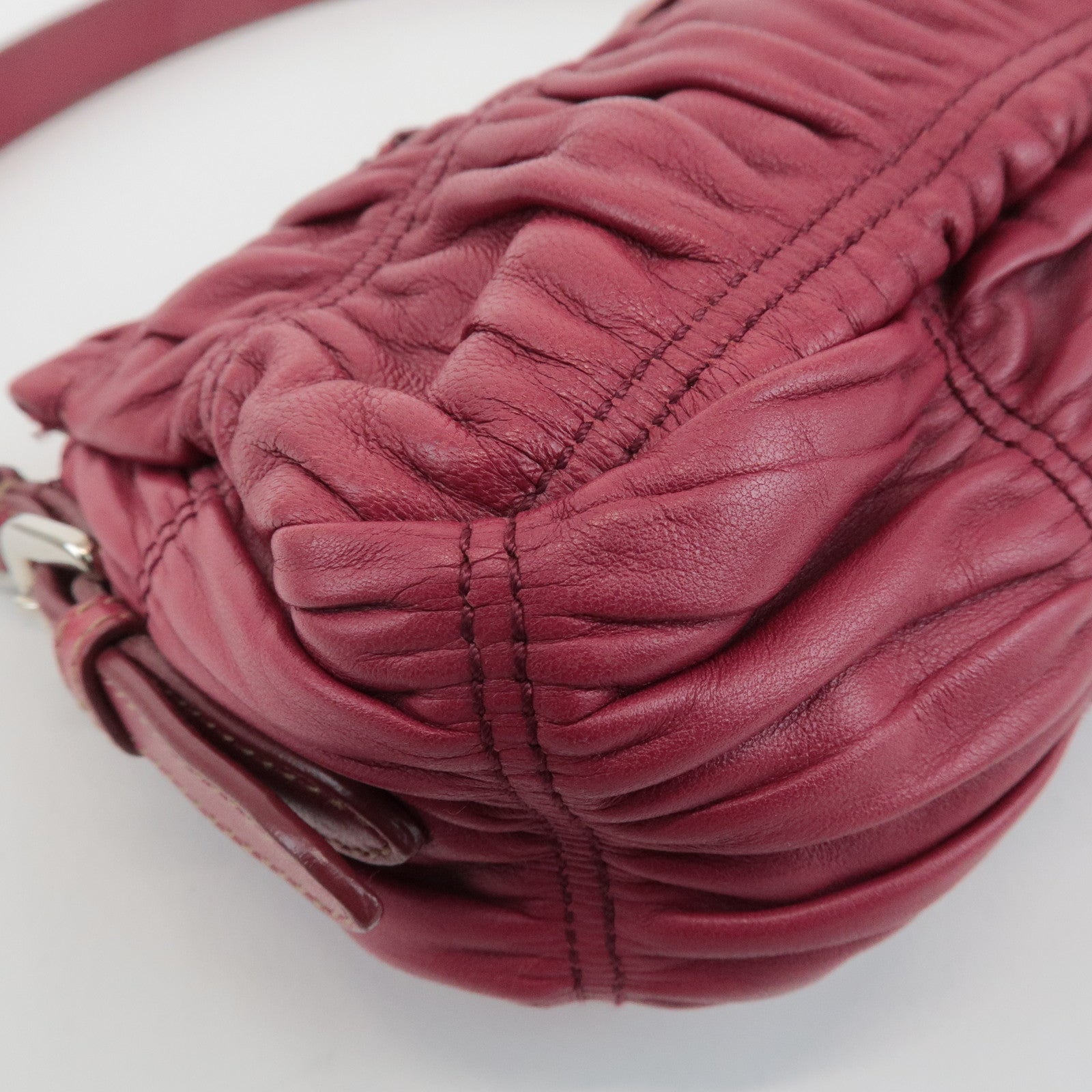 PRADA Logo Leather Gather Ribbon Hand Bag Shoulder Bag Red