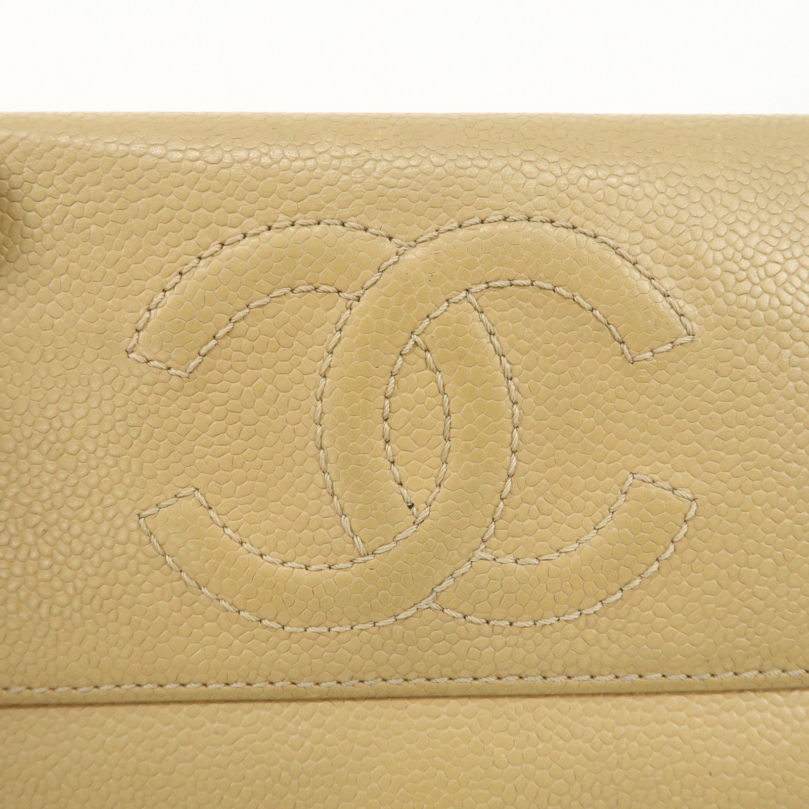 CHANEL Caviar Skin COCO Mark Tri-Fold Wallet Beige Gold