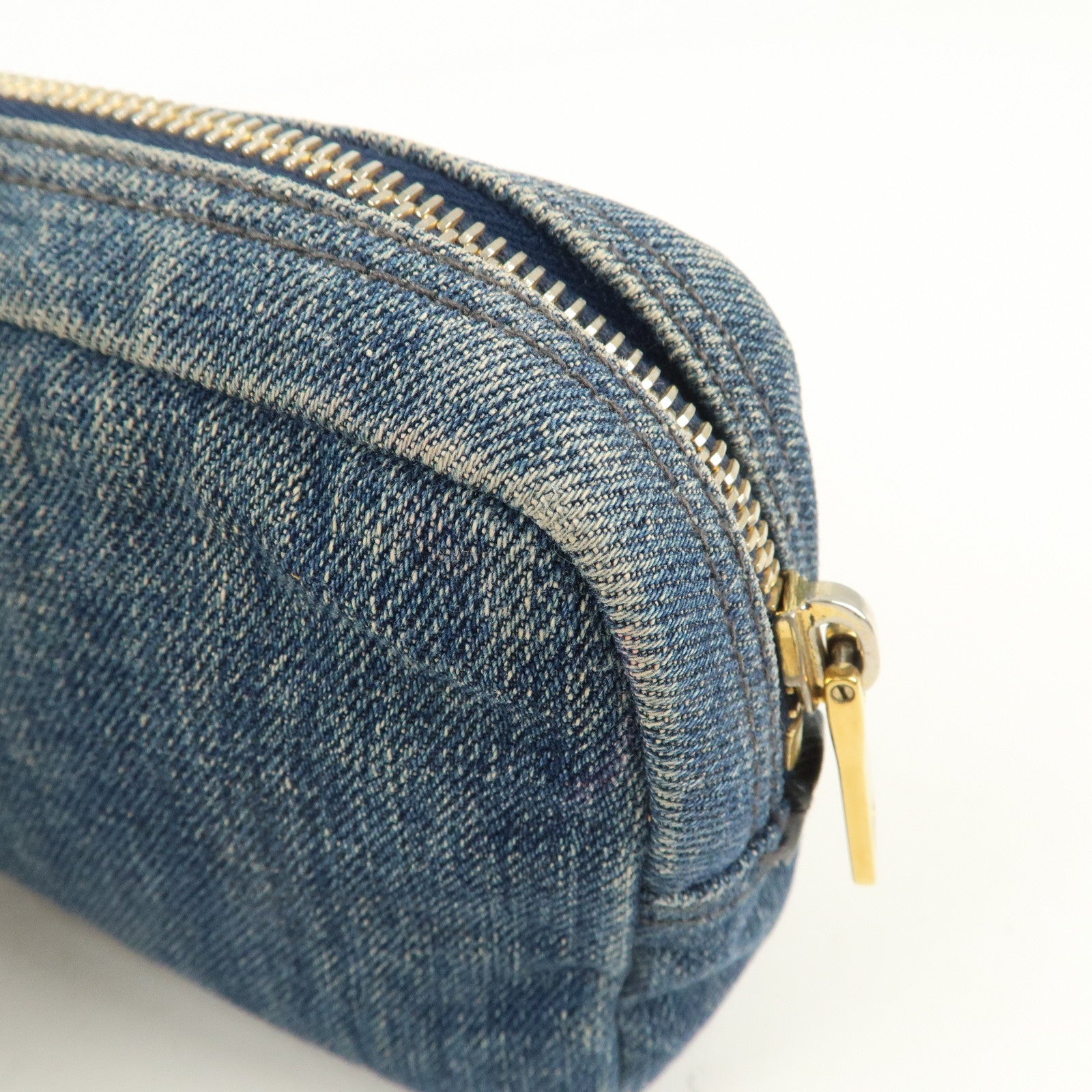 PRADA Triangle Logo Denim Pouch Cosmetic Pouch Blue Gold Hardware