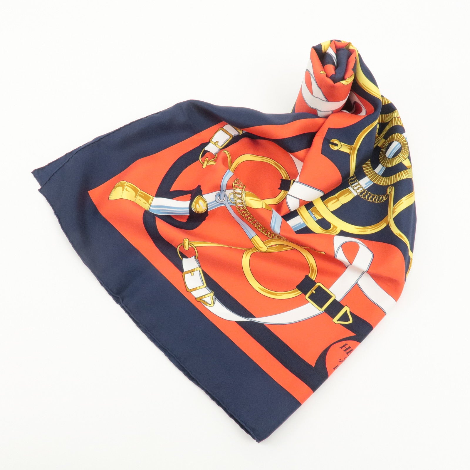 HERMES Carre 90 100% Silk Carre 90 Eperon d
or Red Navy Gold Used