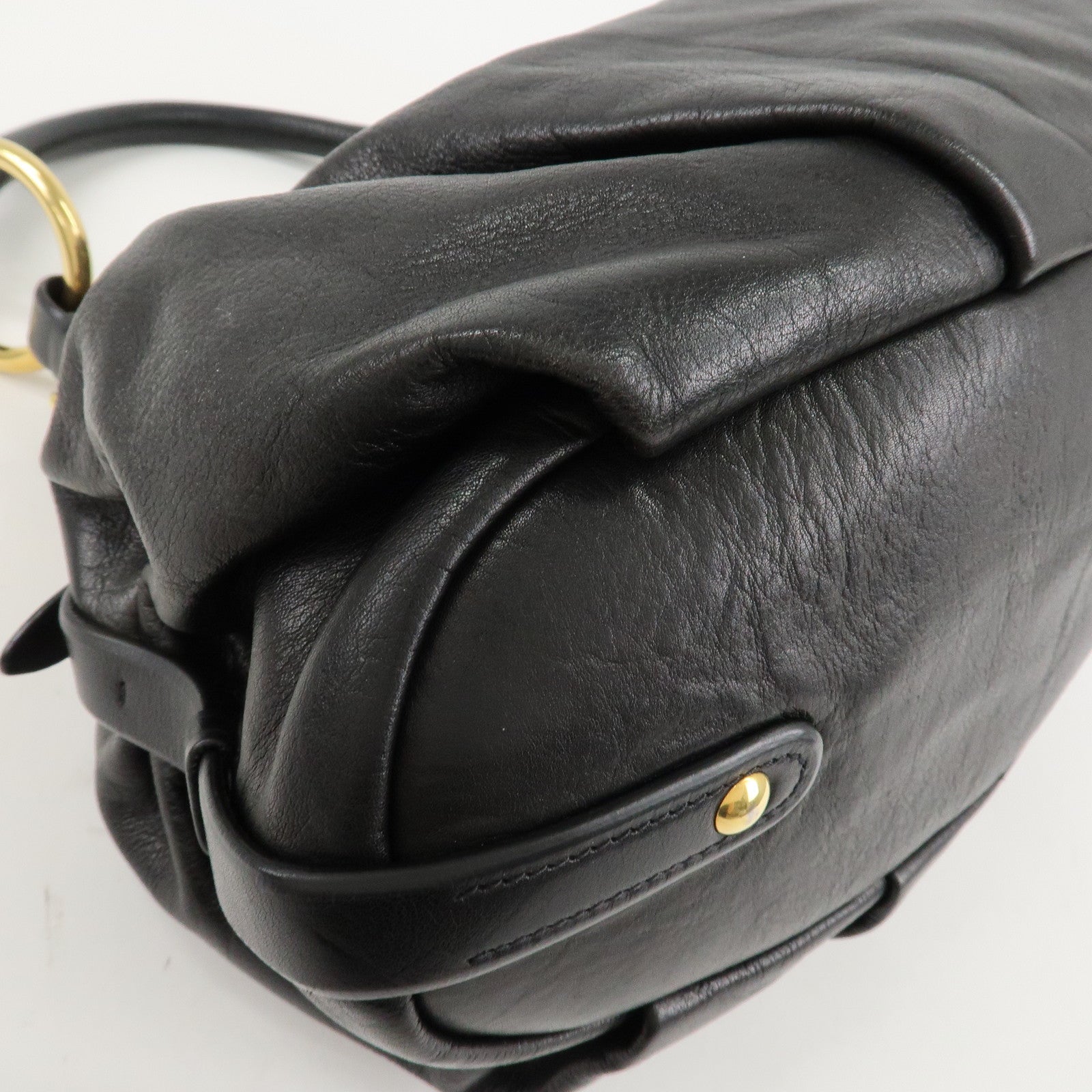 PRADA Nylon Leather Gathered One Shoulder Bag Black Gold HDW