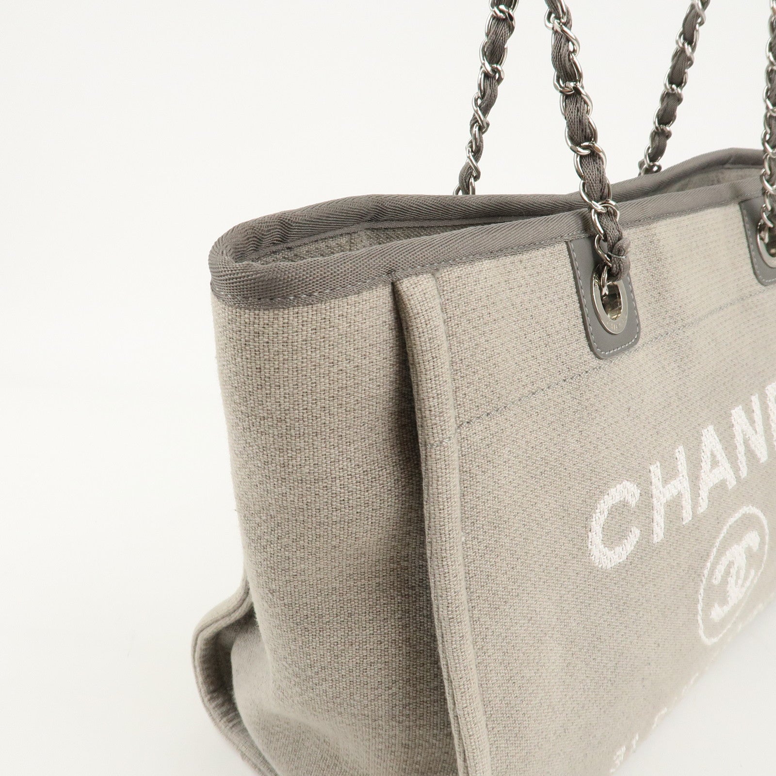 CHANEL Deauville Canvas Leather Chain Tote Bag Gray A67001