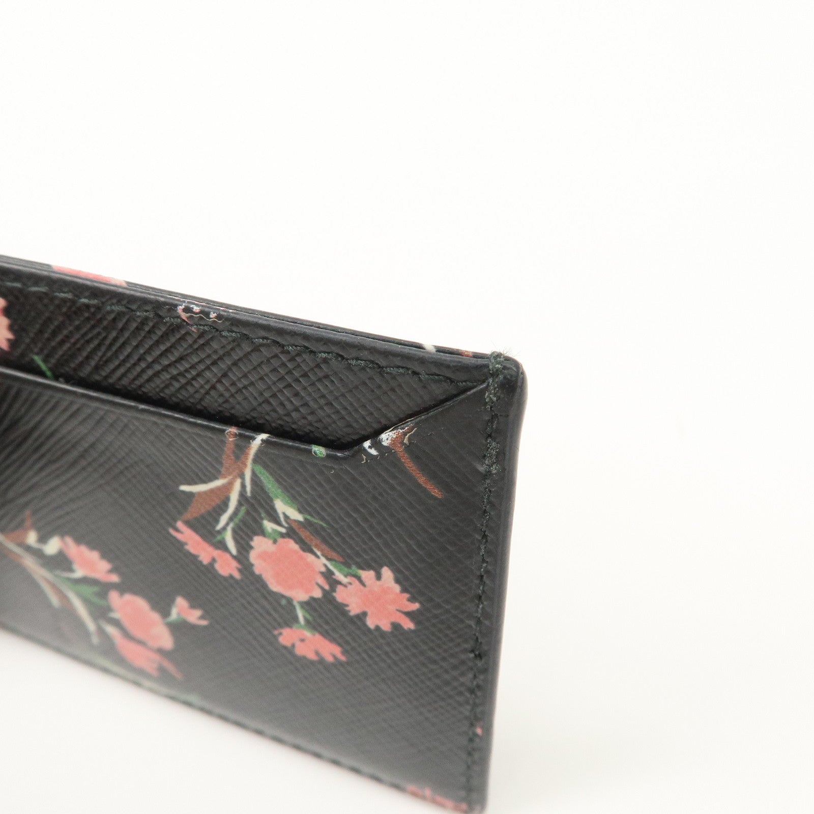 PRADA Saffiano Card Case Floral Pattern Black Pink 1MC208 Used