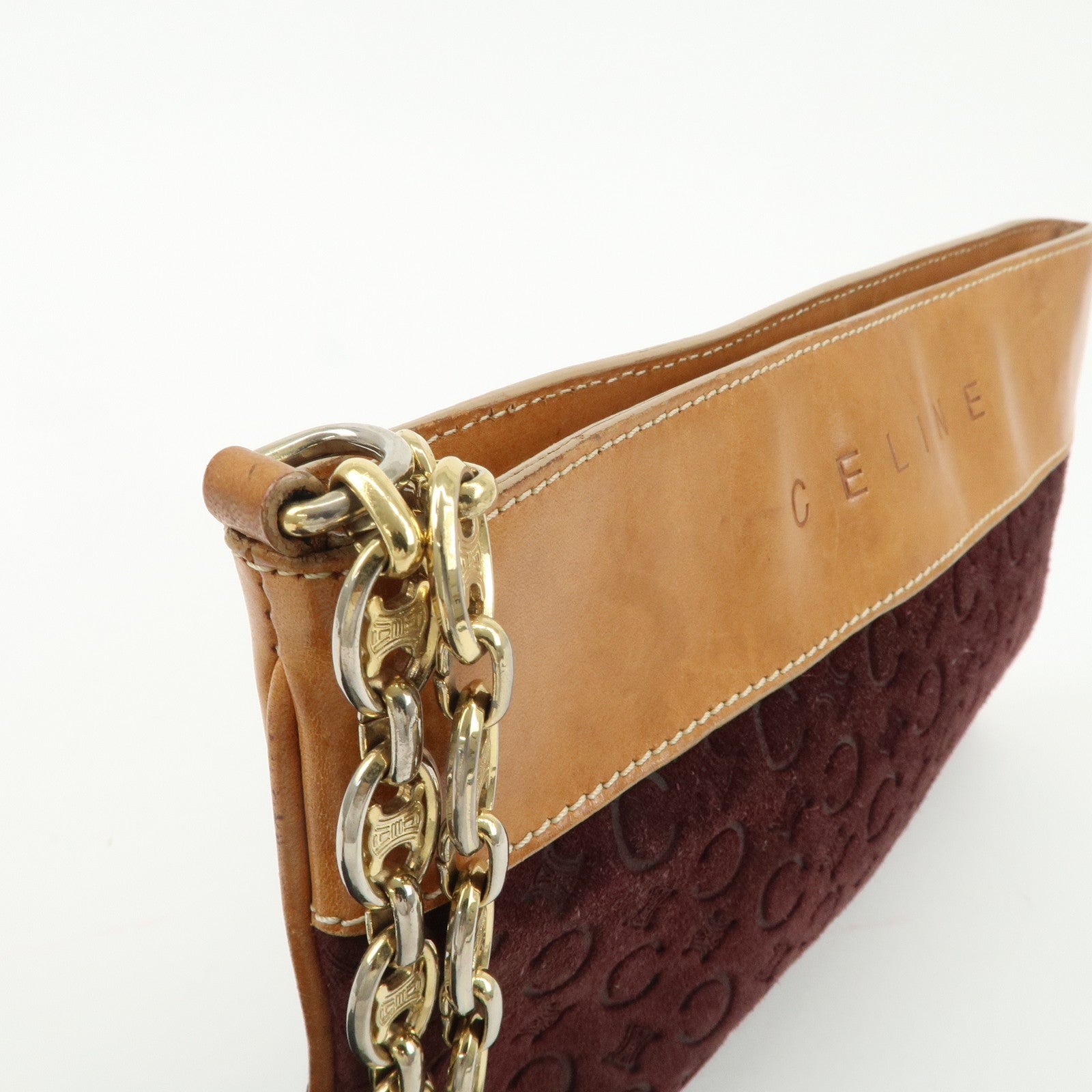 CELINE C Macadam Suede Leather Chain Clutch Bag Hand Bag Brown Used