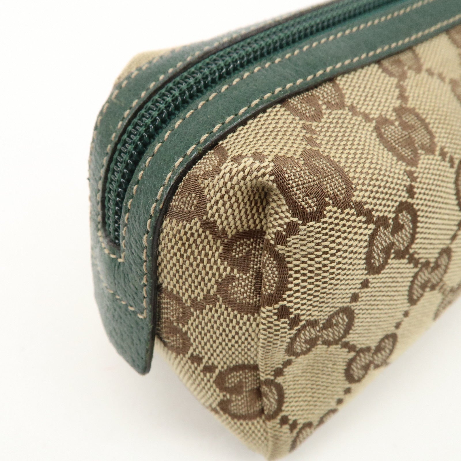 GUCCI GG Canvas Leather Cosmetic Pouch Beige Green 29596 Used