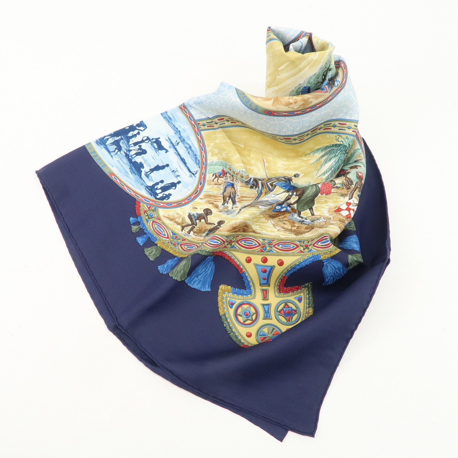 HERMES Carre 90 Silk 100%  Scarf CAVALIERS PEULS Navy Blue