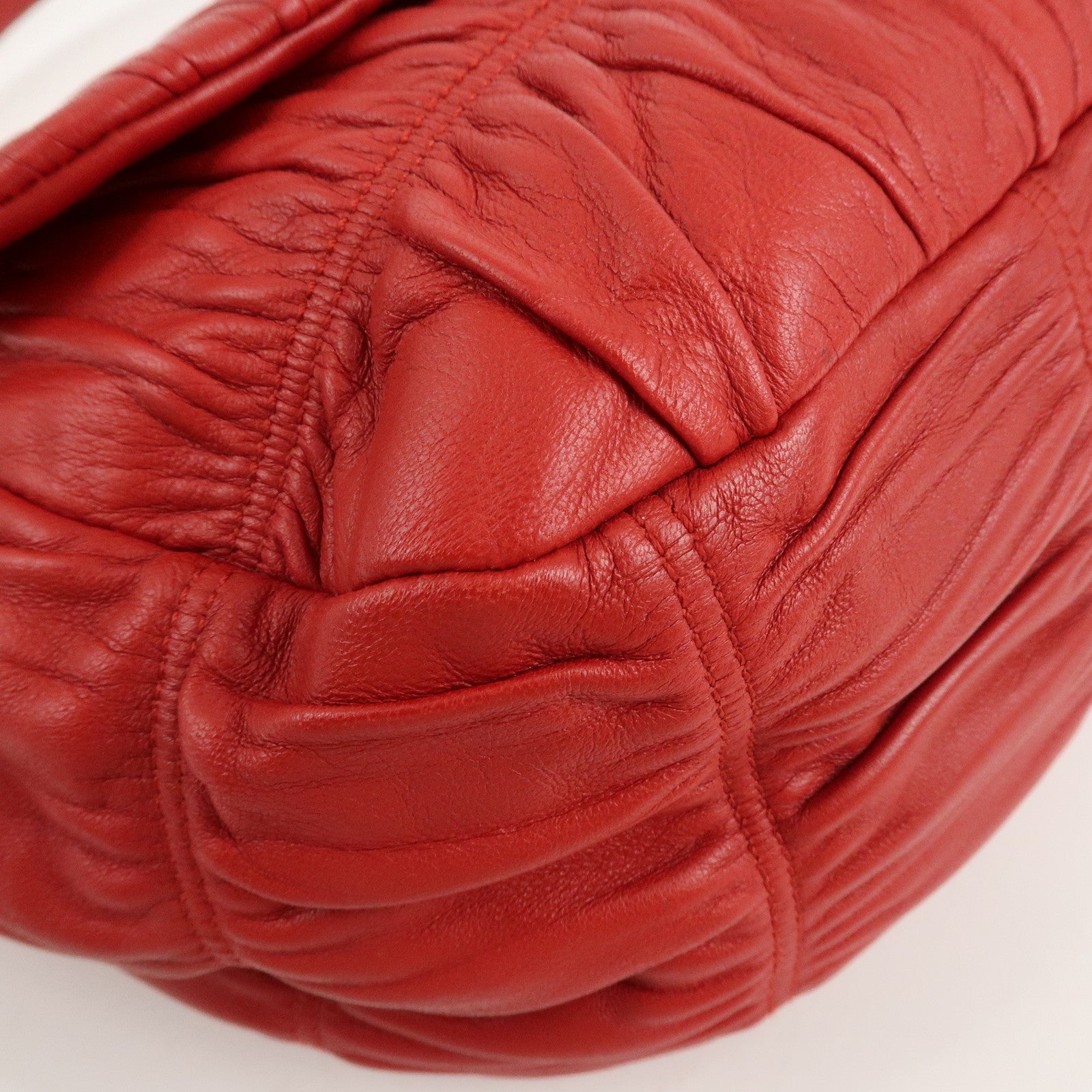 PRADA Logo Gathered Leather Shoulder Bag Hand Bag Red