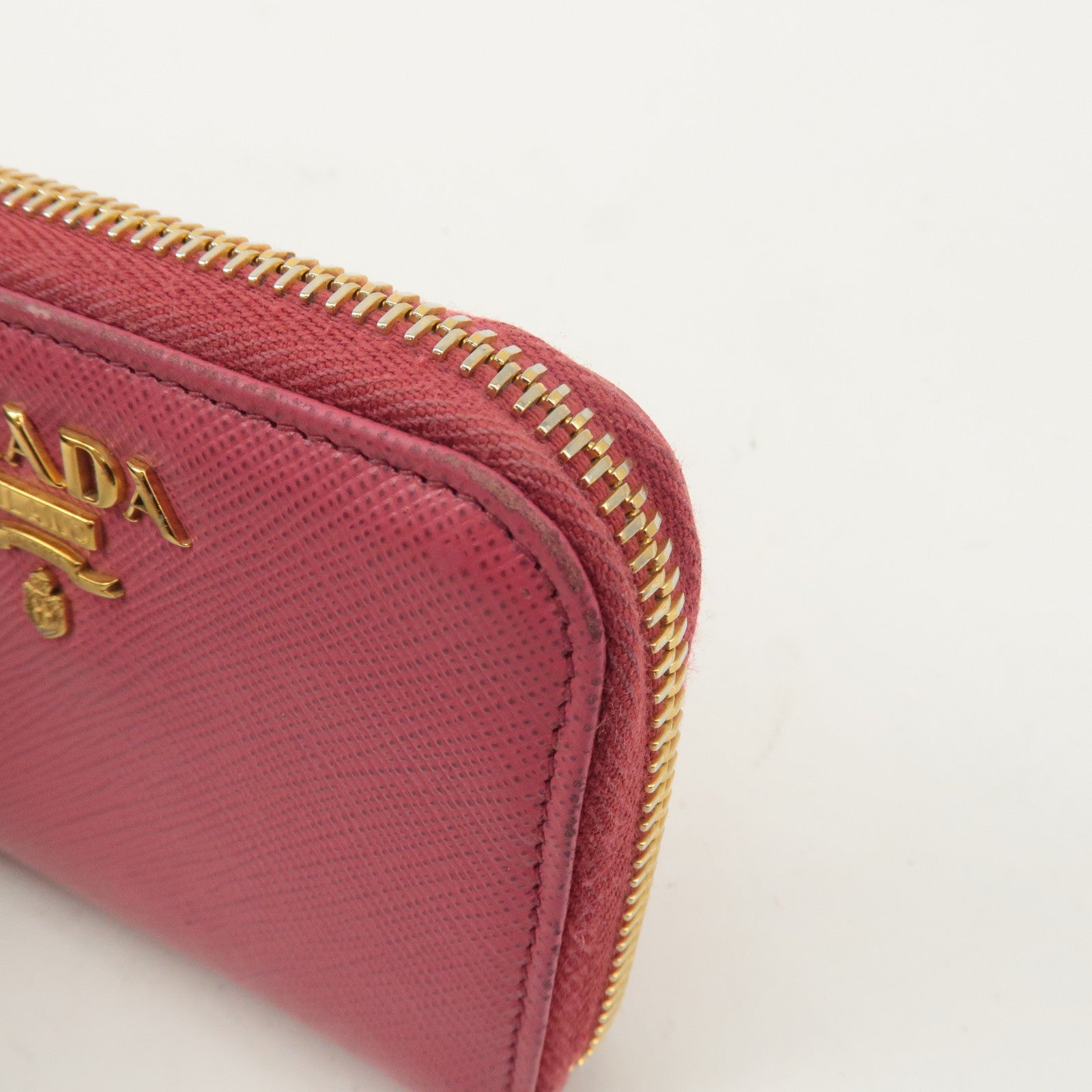 PRADA Logo Saffiano Leather Round Zipper Small Wallet Pink 1MM268