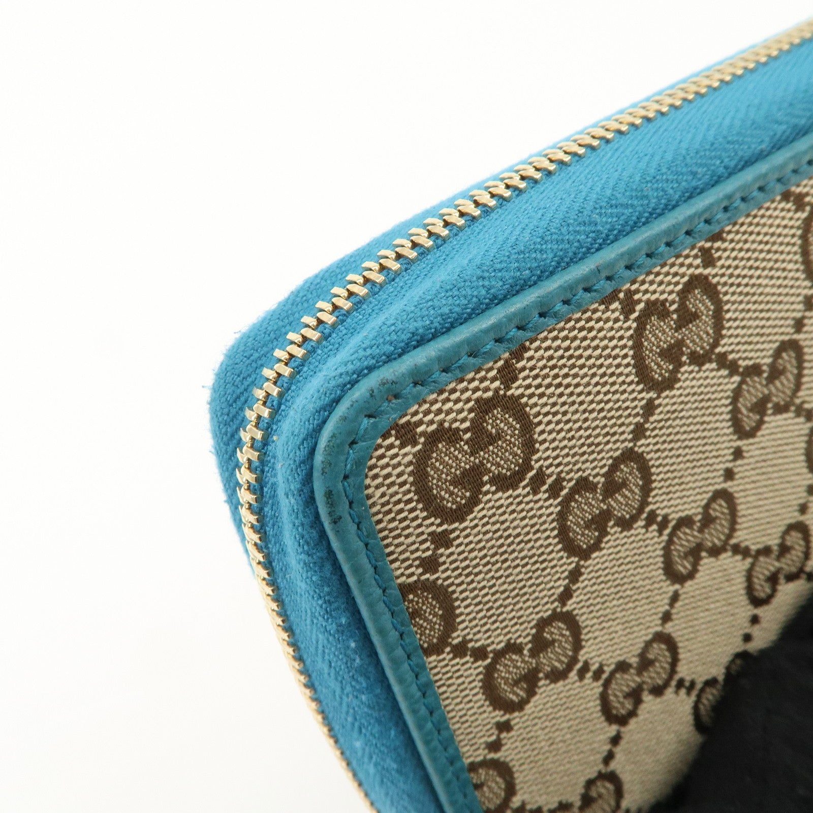 GUCCI Leather Round Zipper Bi-fold Wallet Beige Blue 420113 Used