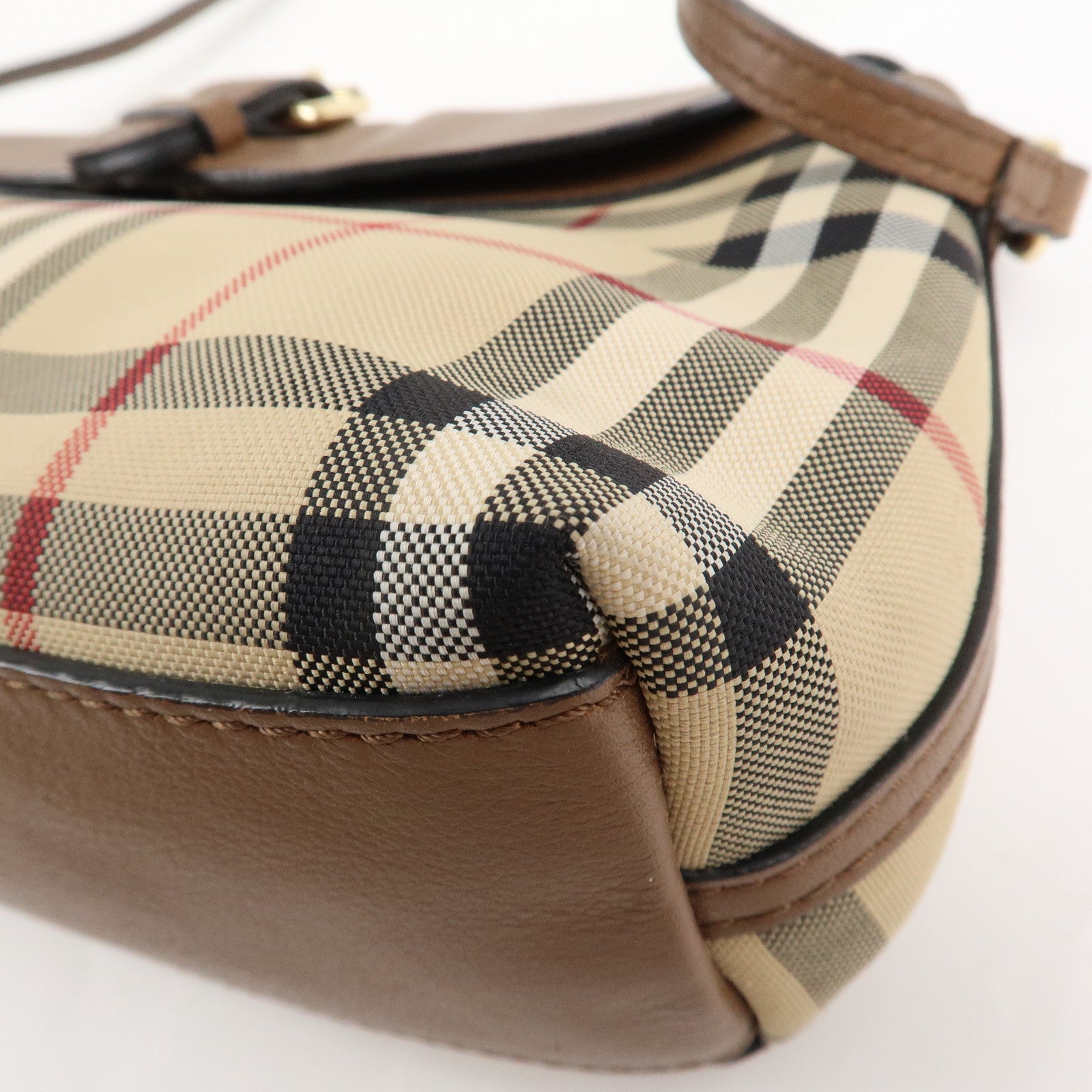 BURBERRY Nylon Leather Nova Plaid Shoulder Bag Beige Brown