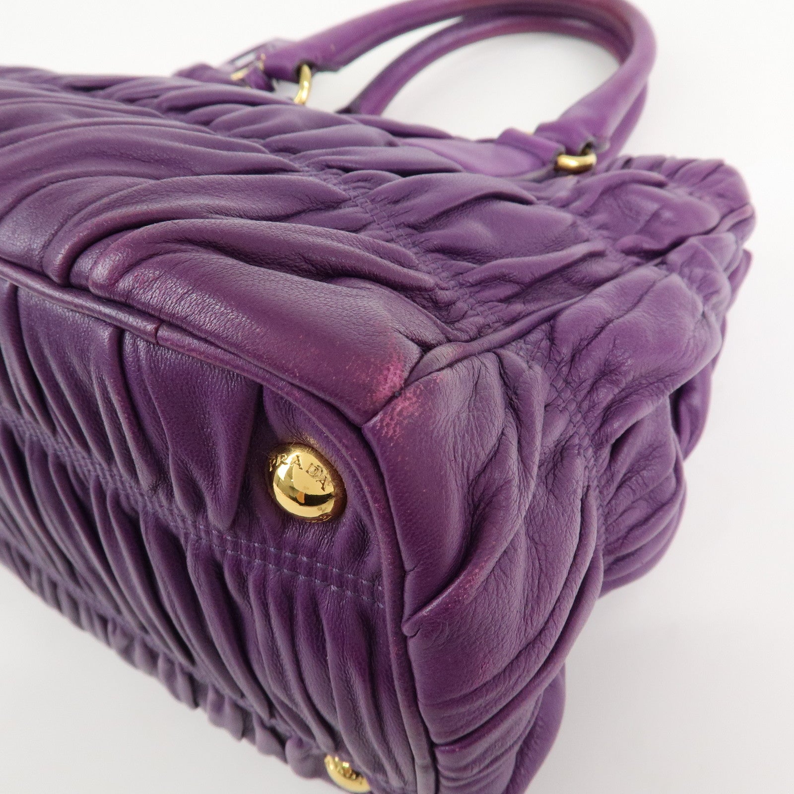 PRADA Leather Gathered Hand Bag Purple Gold Hardware BN2394