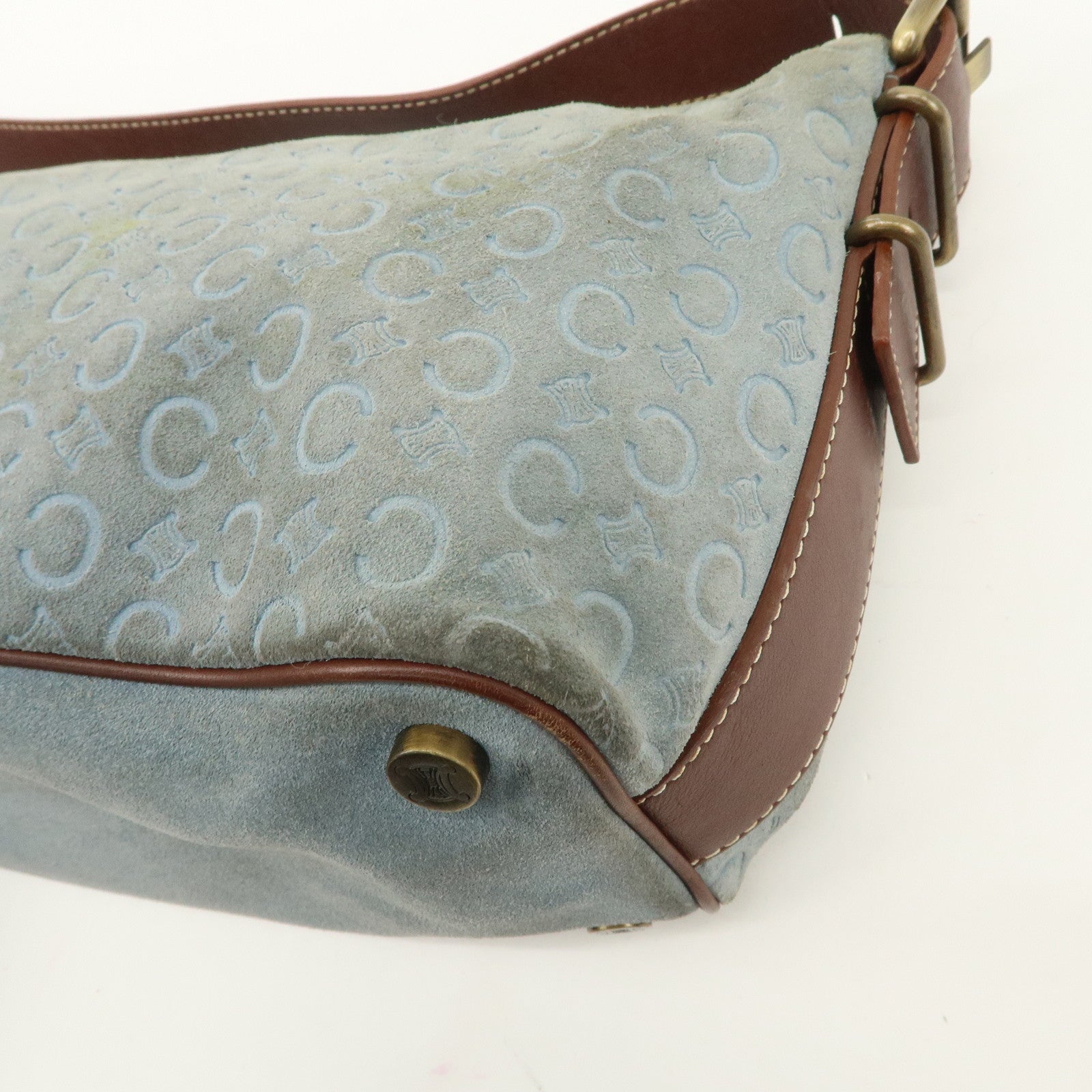 CELINE C Macadam Suede Leather Shoulder Bag Light Blue Brown Used