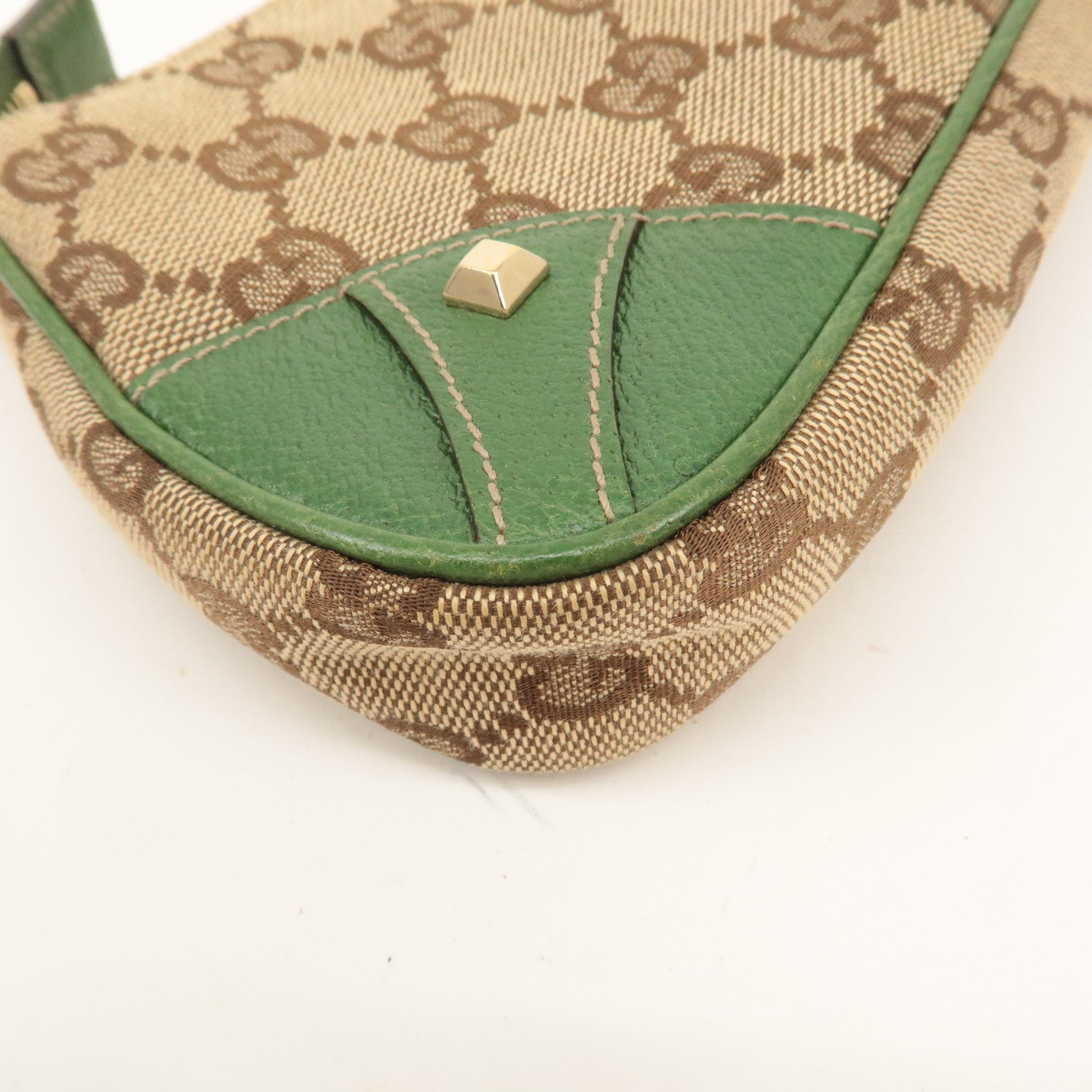 GUCCI GG Canvas Leather Chain Hand Bag Pouch Beige Green 120940