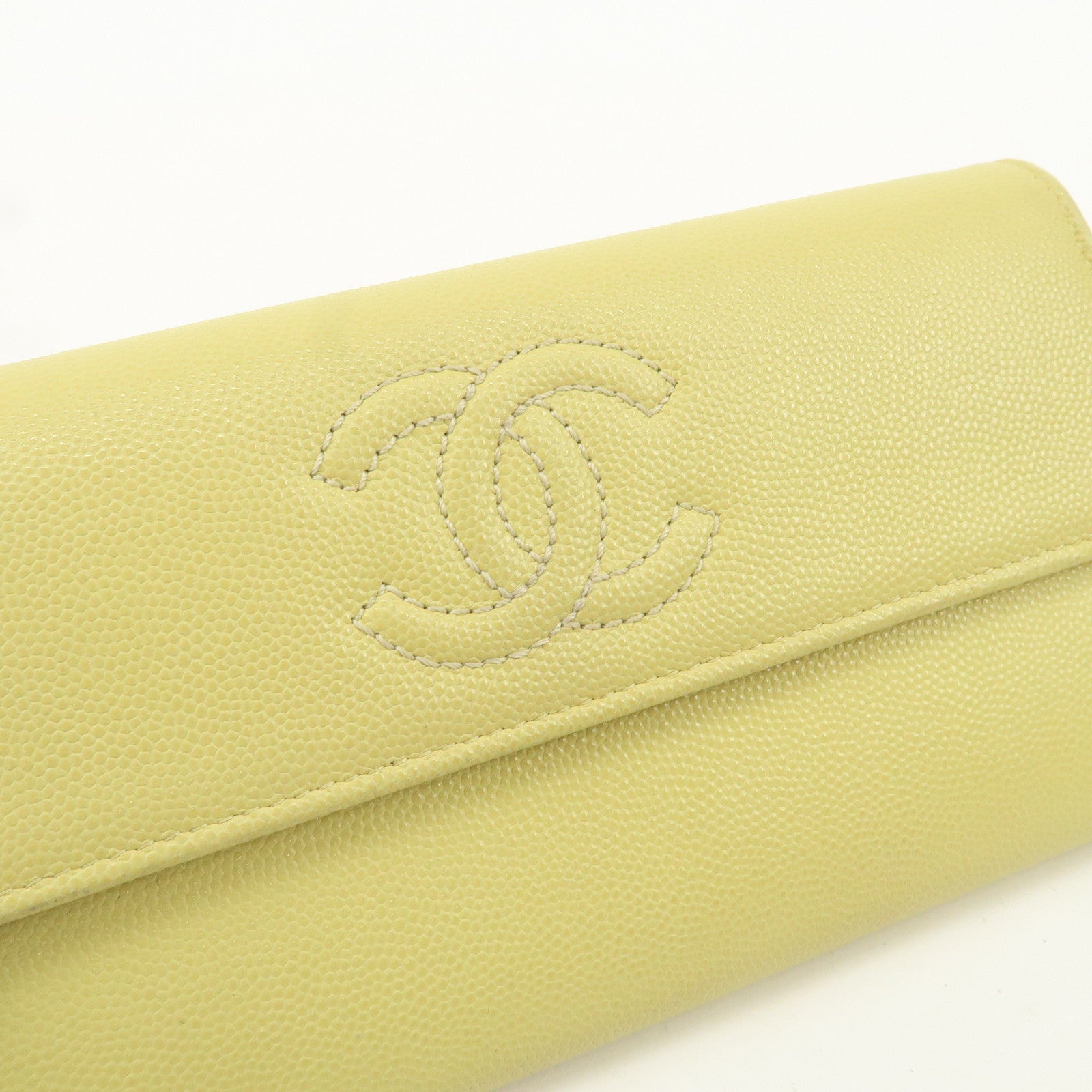 CHANEL Caviar Skin Coco Mark Bi-fold Long Wallet Light Yellow