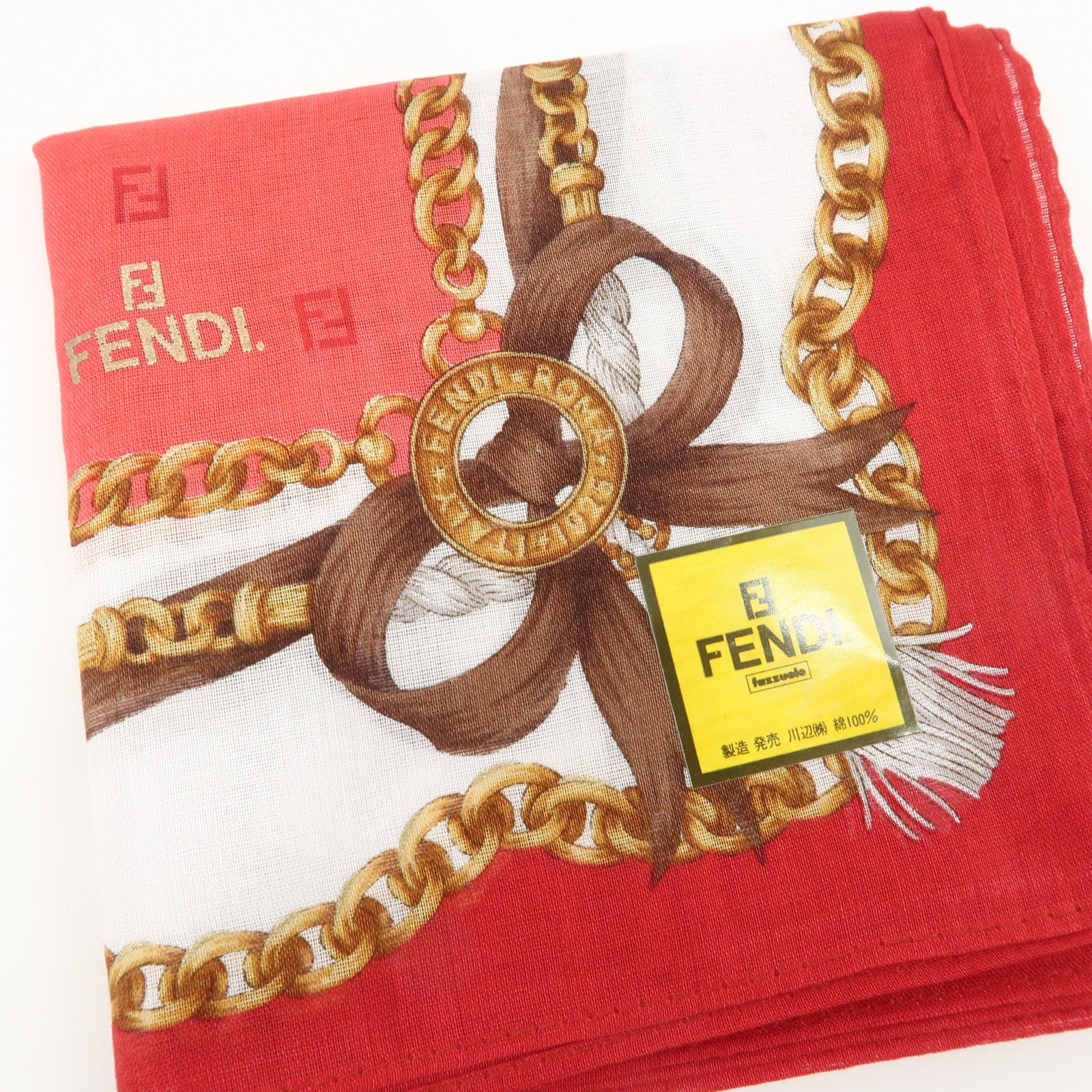 FENDI Set of 5 Cotton 100% Handkerchief White Navy Red Black Used