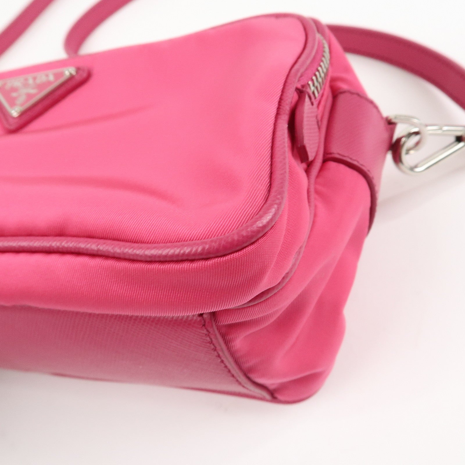 PRADA Triangle Logo Leather Shoulder Bag Pink Silver Hardware Used