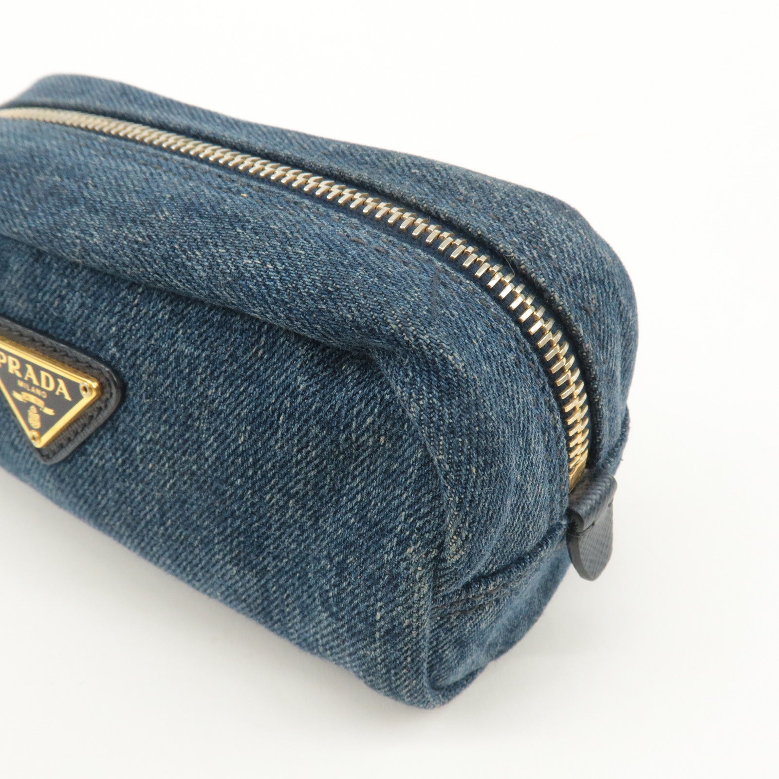 PRADA Logo Denim Pouch Cosmetic Pouch Blue Gold Hardware