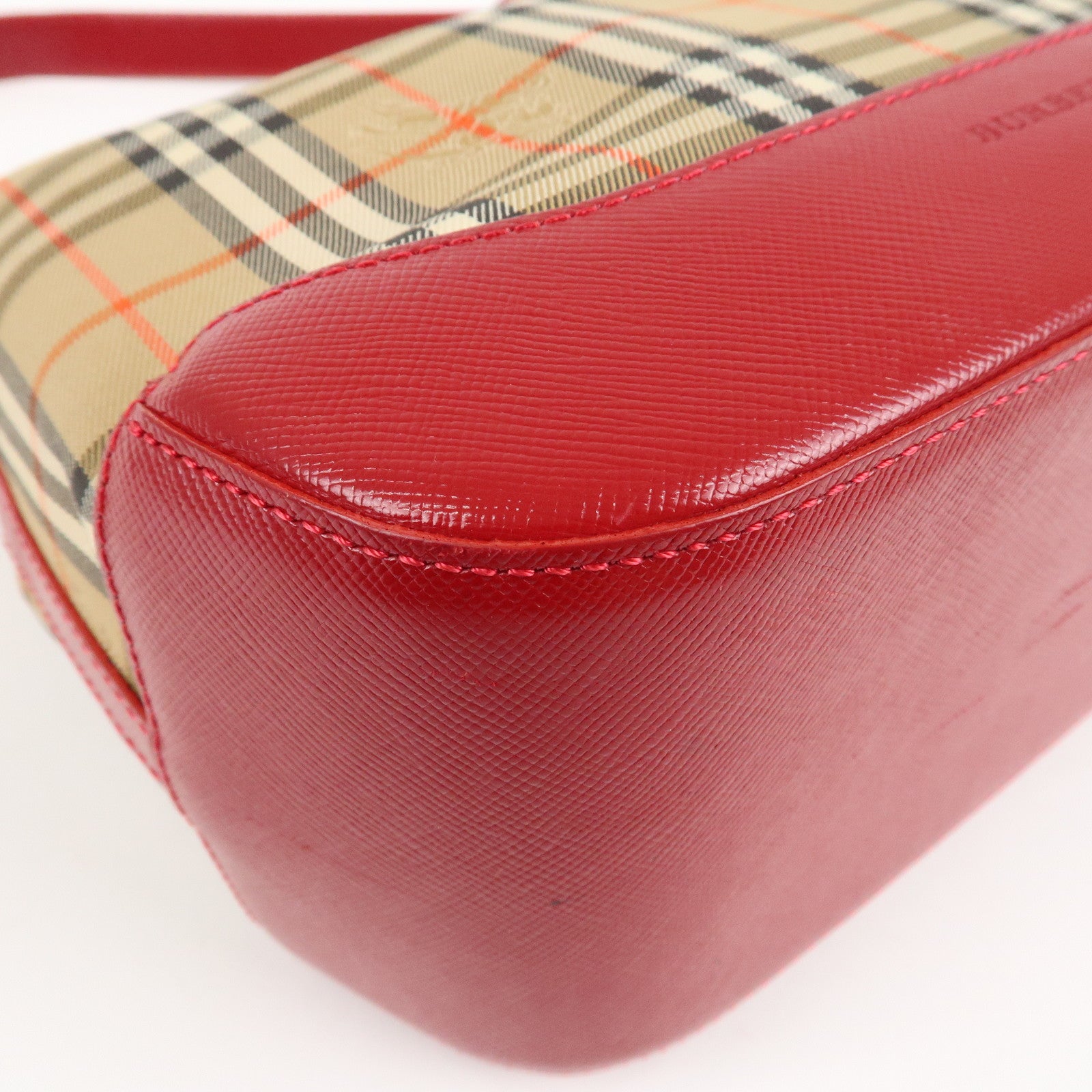 BURBERRY Nova Plaid Canvas Leather Shoulder Bag Hand Bag Red