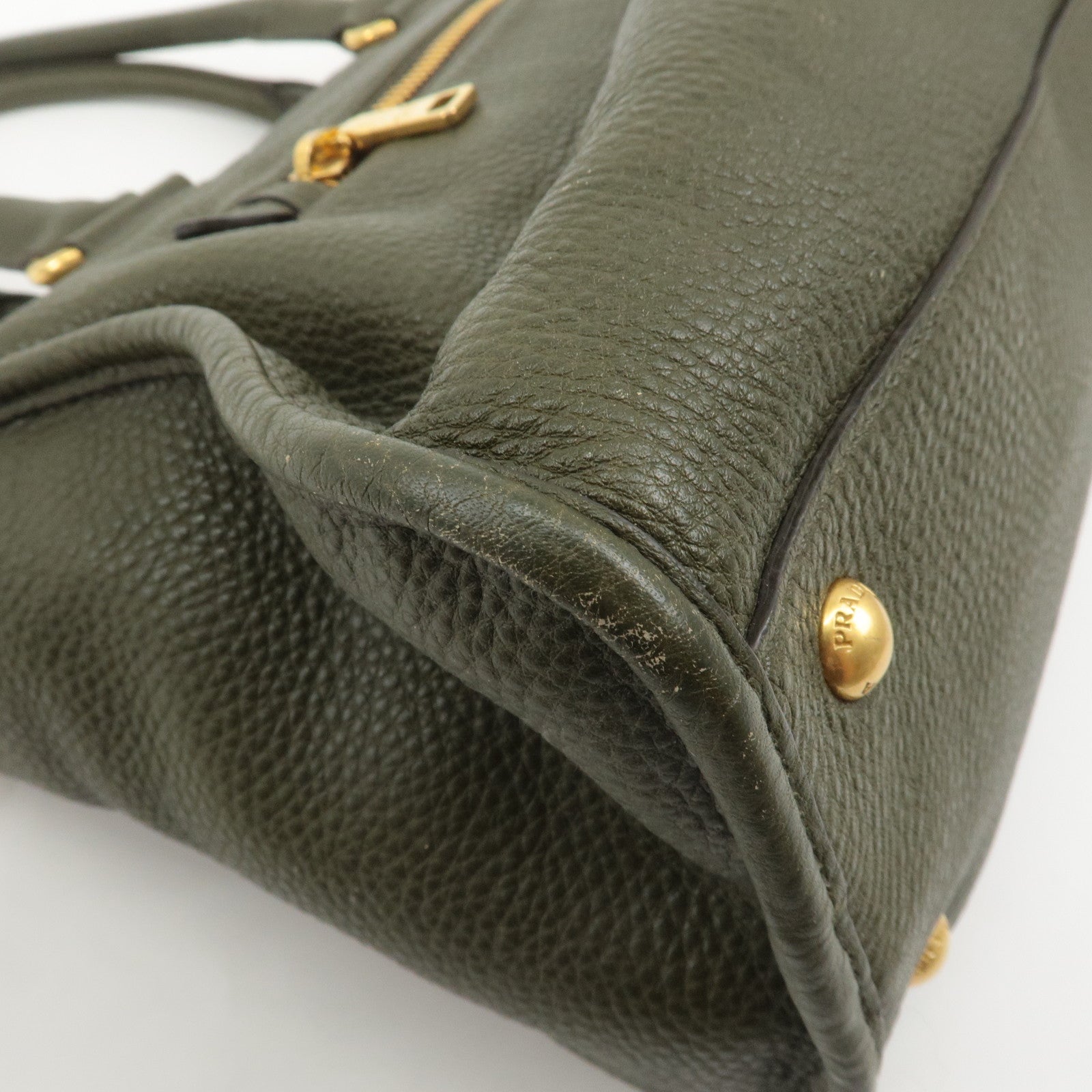 PRADA Leather 2Way Bag Hand Bag Shoulder Bag Khaki BL0805