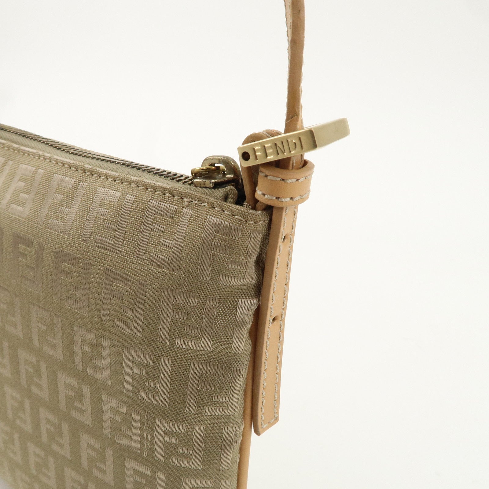 FENDI Zucchino Canvas Leather Shoulder Bag Beige