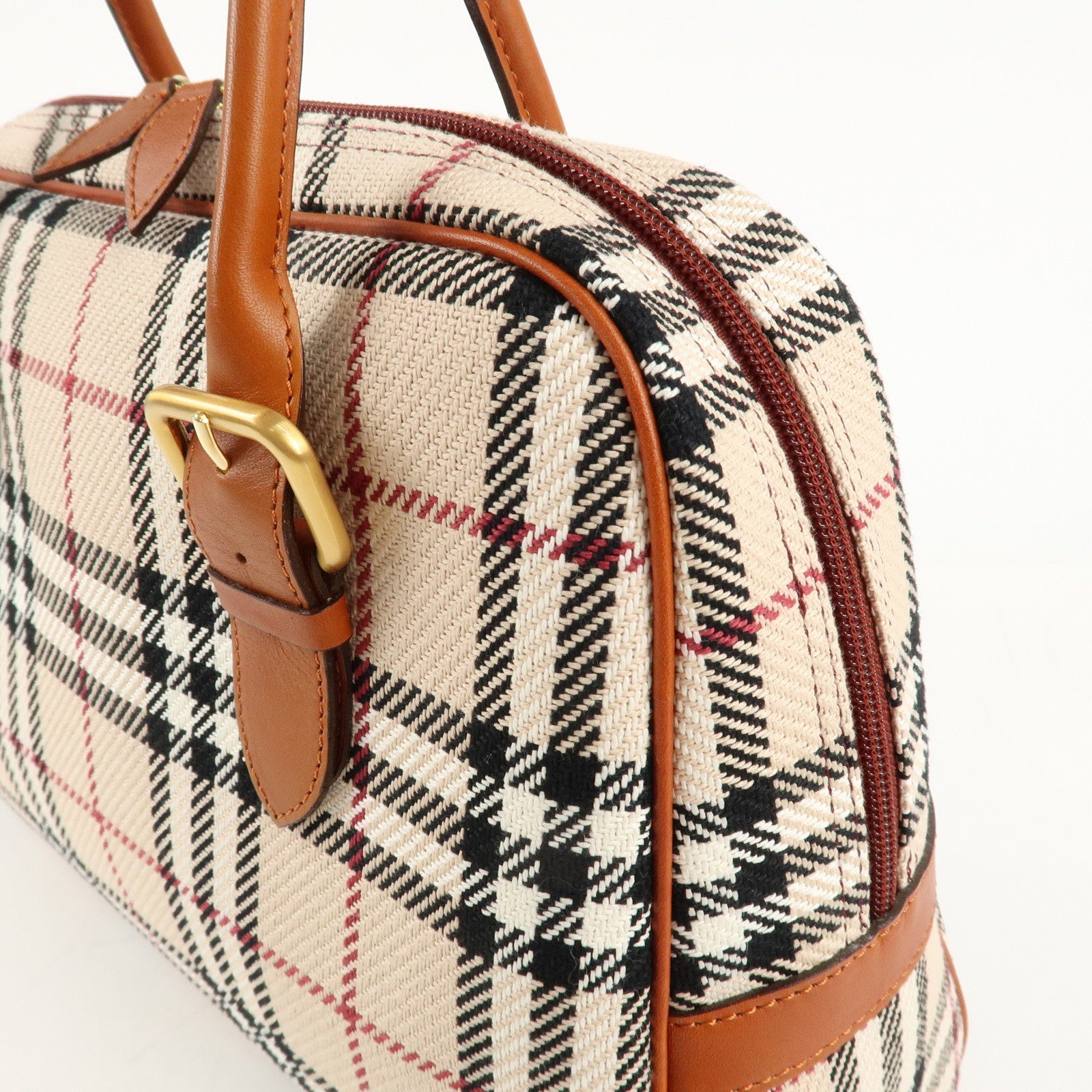 BURBERRY Leather Hand Bag Boston Bag Nova Plaid Brown