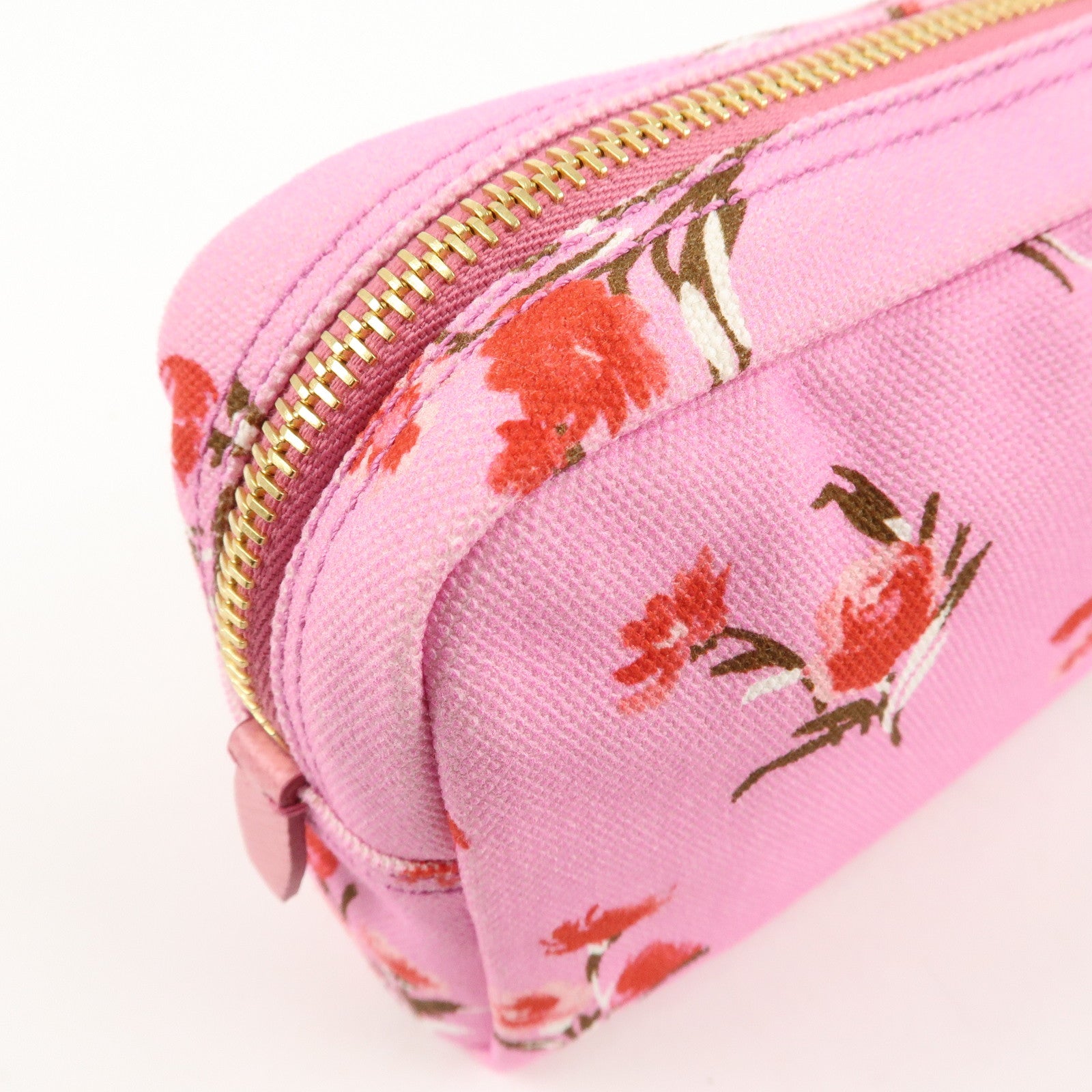 PRADA Canapa Canvas Leather Cosmetic Pouch Flower 1NA021 Pink Used