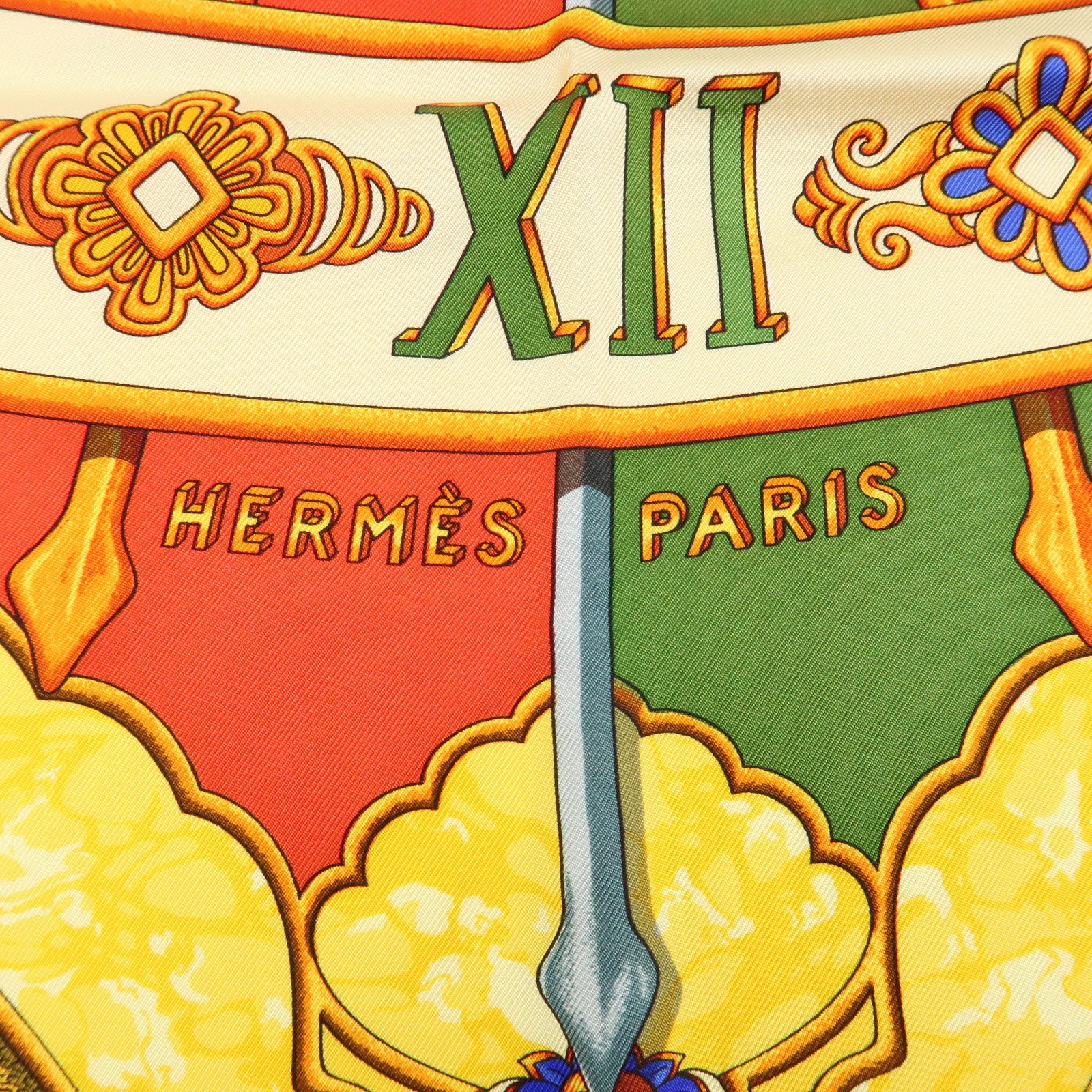 HERMES Carre 90 Silk 100% Scarf CARPE DIEM Gold Multicolor Used