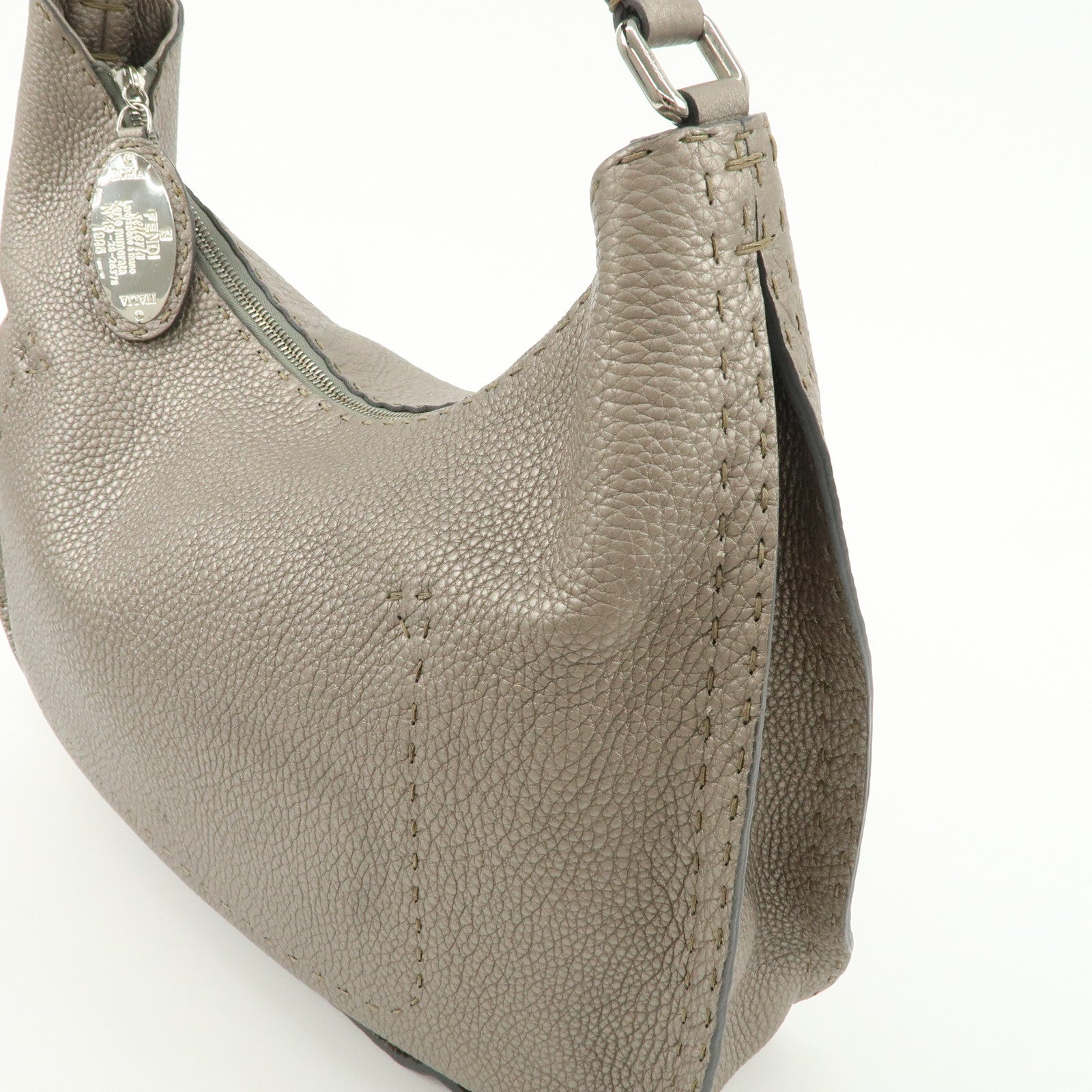 FENDI Selleria Leather Shoulder Bag Hand Bag Gray 8BR582 Used