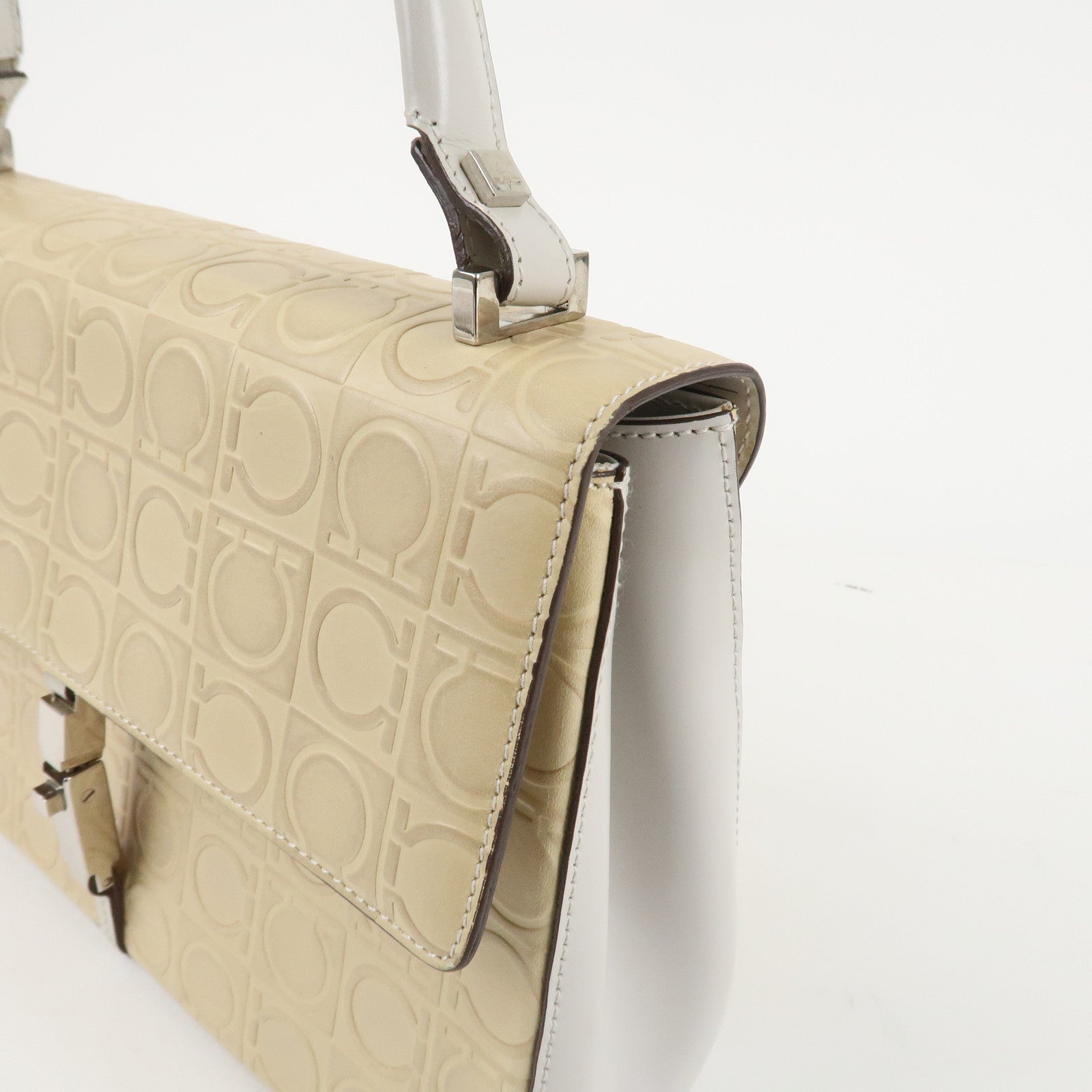 Ferragamo Gancini Pattern Leather Hand Bag Ivory