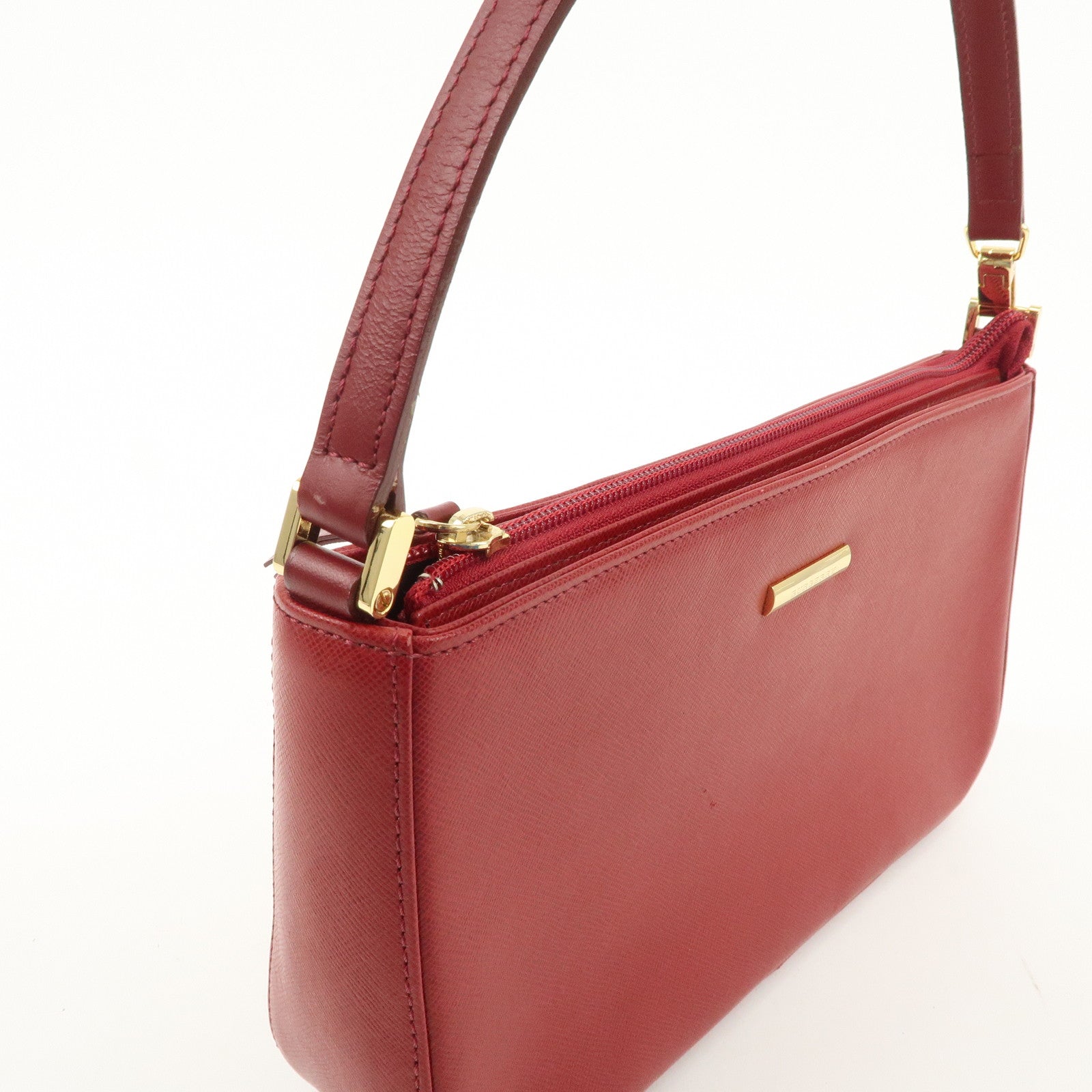 BURBERRY Logo Leather Shoulder Bag Hand Bag Red Gold HDW