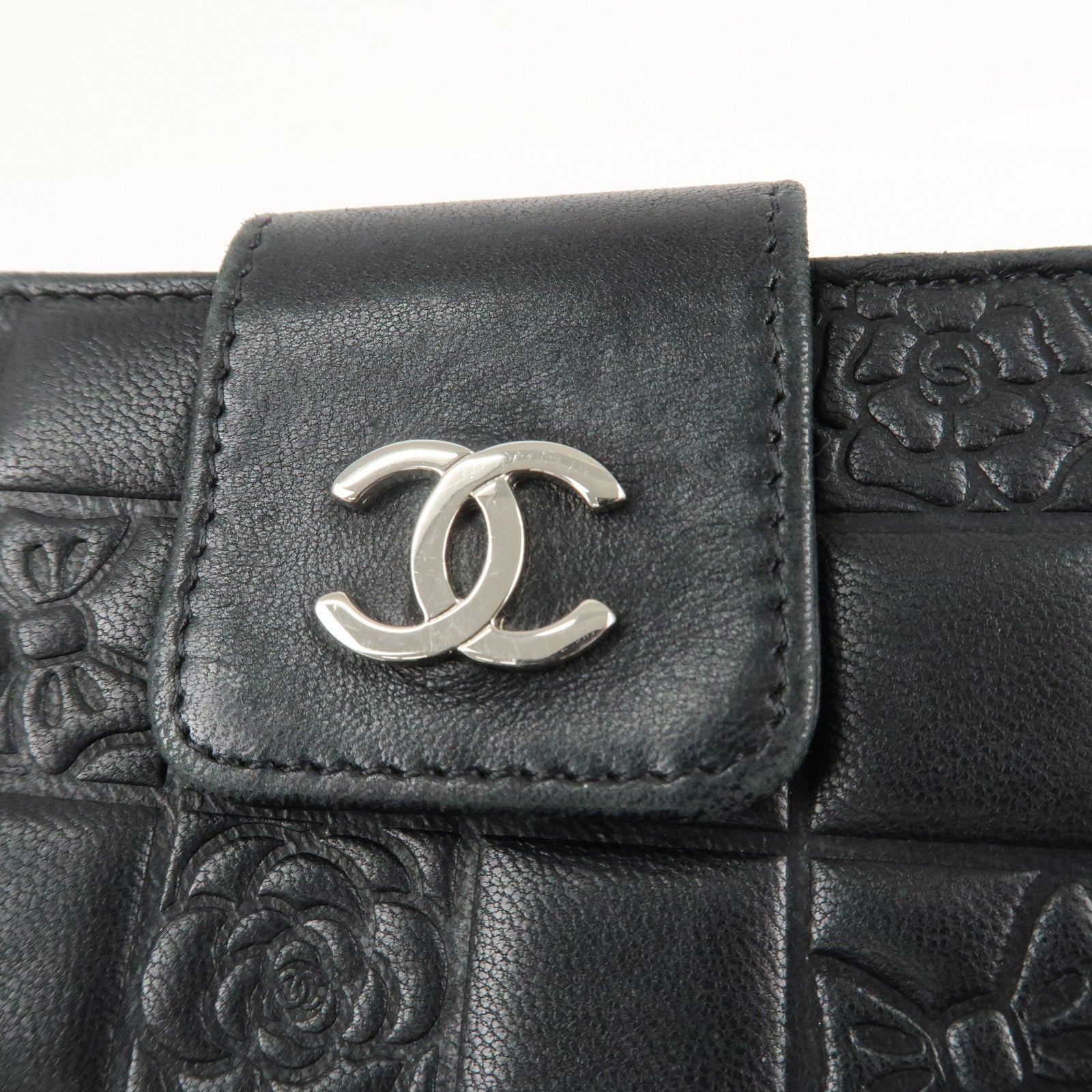 CHANEL Icon Line Lamb Skin W Flap Bi-fold Wallet Black A24212