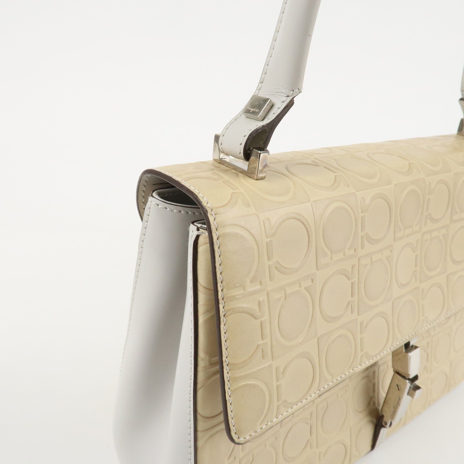 Ferragamo Gancini Pattern Leather Hand Bag Ivory