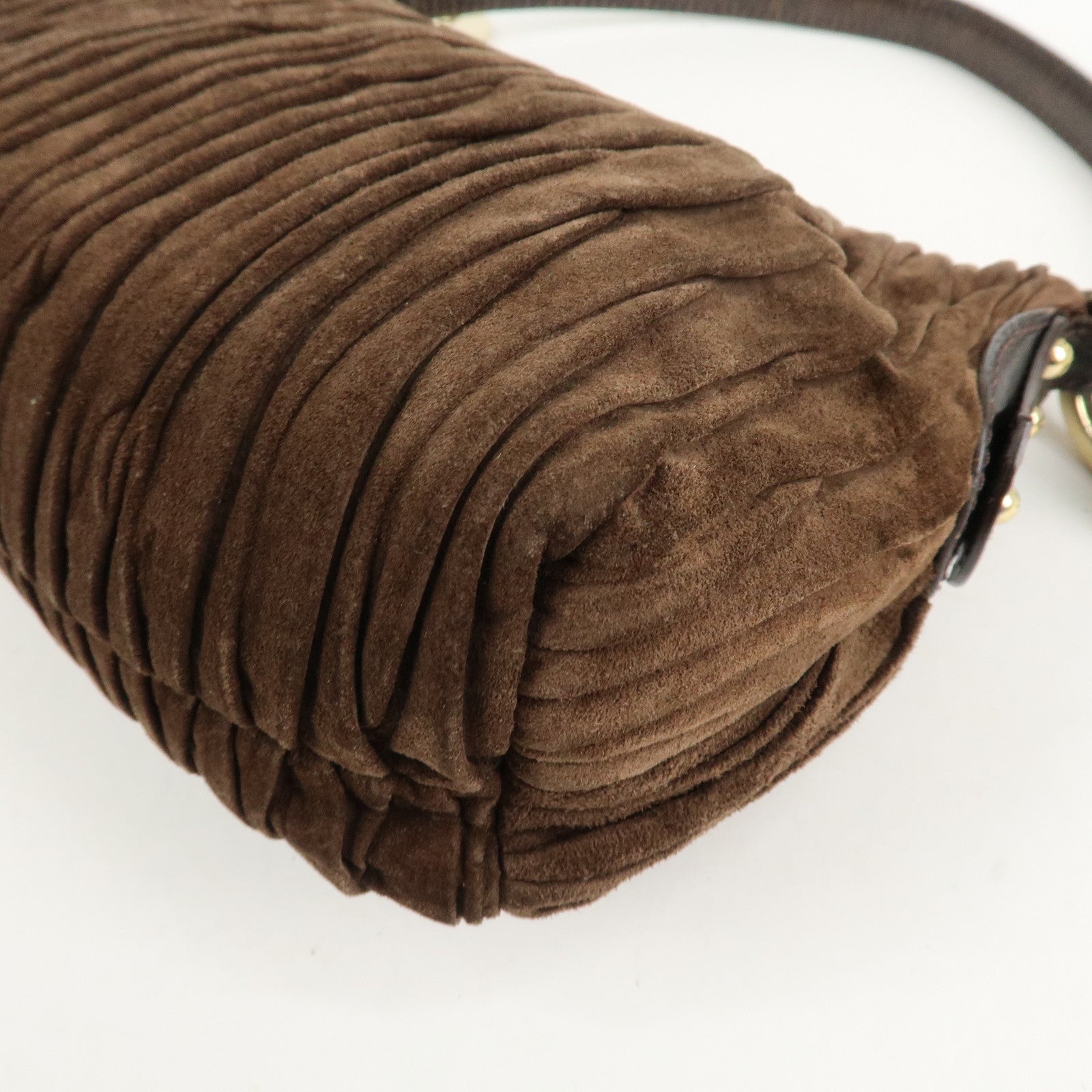 FENDI Suede Leather Gathered Shoulder Bag Dark Brown 8BR454