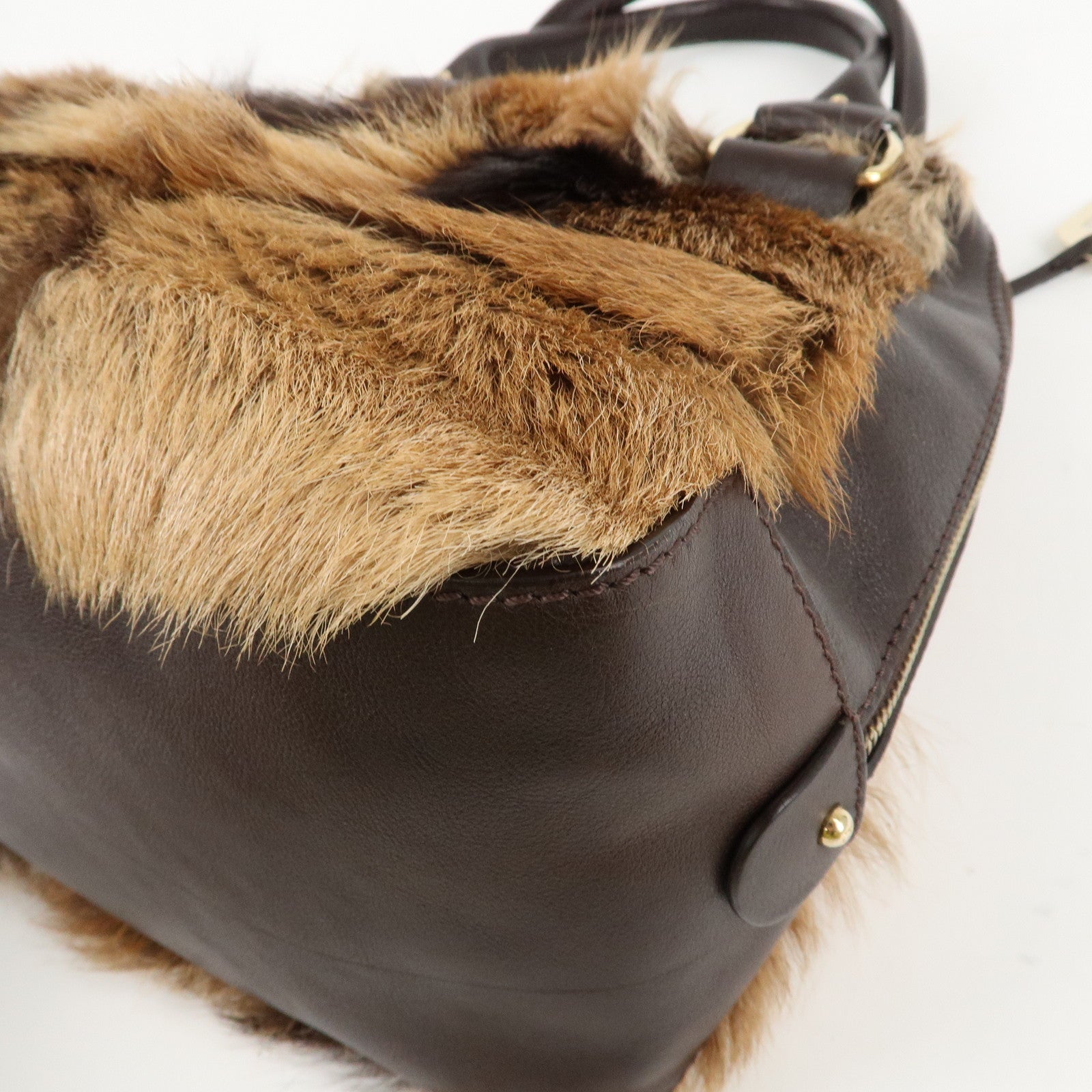 FENDI Fur Leather Tote Bag Hand Bag Shoulder Bag Brown 8BR286