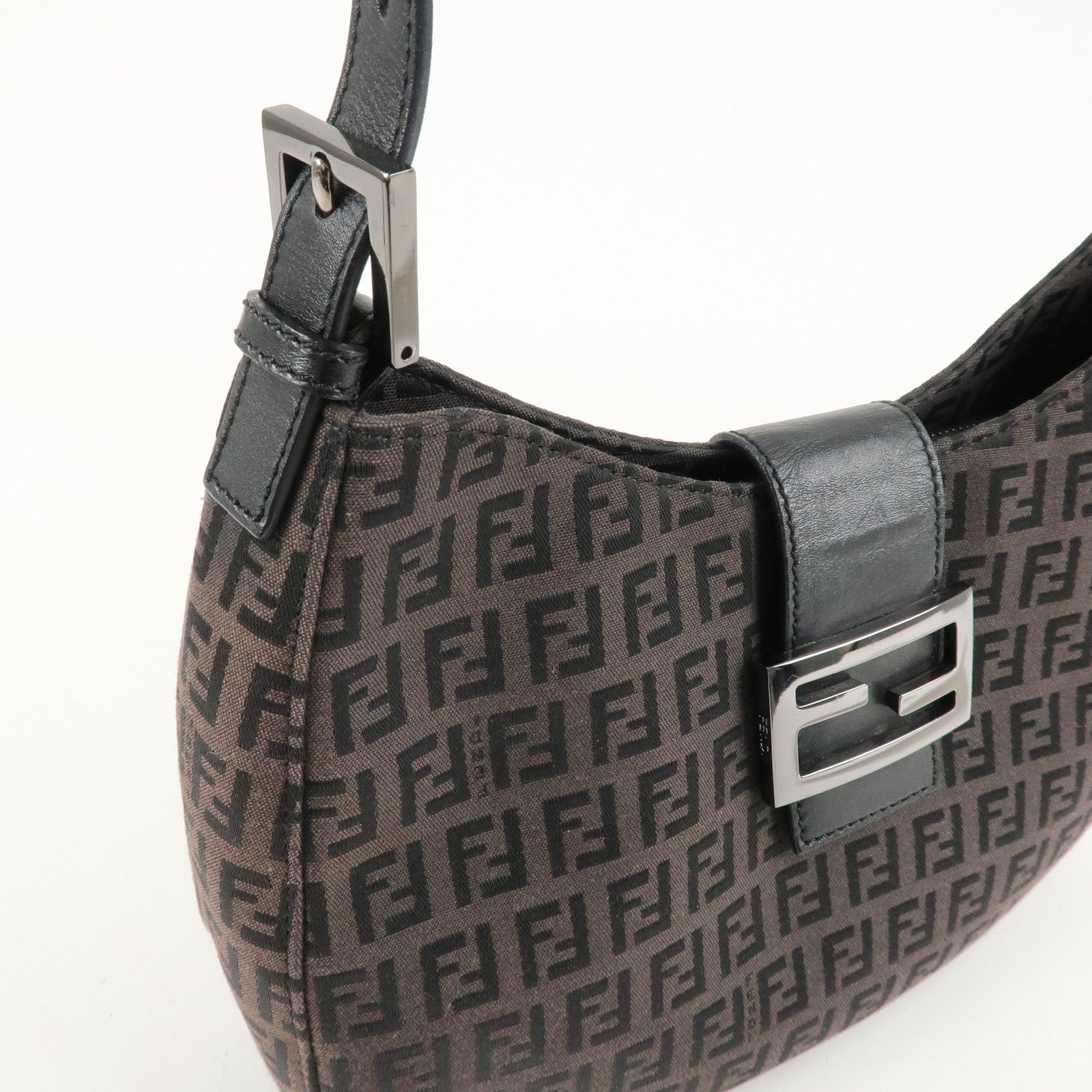 FENDI Zucchino Canvas Leather Shoulder Bag Brown Black 8BR036