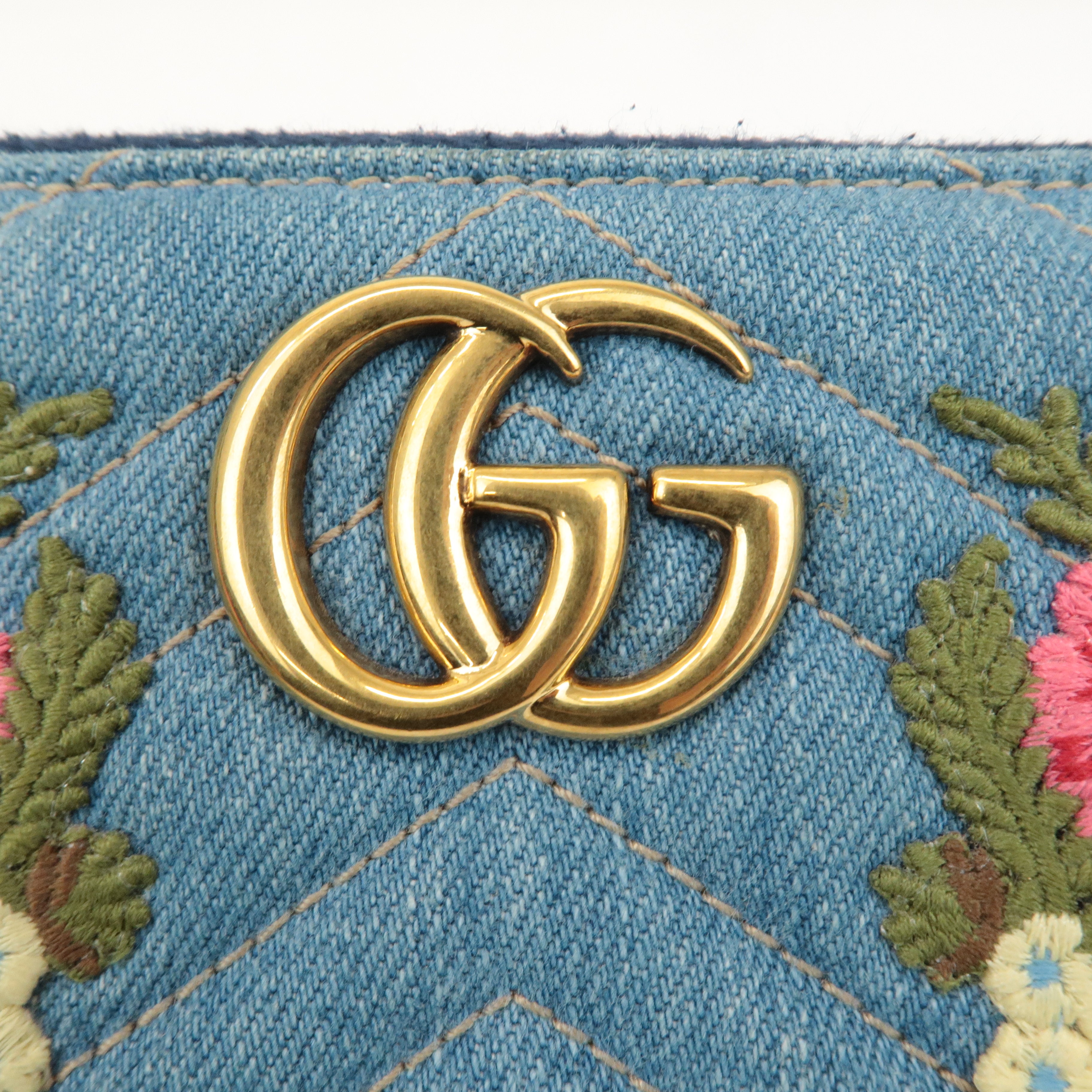 GUCCI GG Marmont Denim Zip Around Wallet Floral Pattern 443123 Used